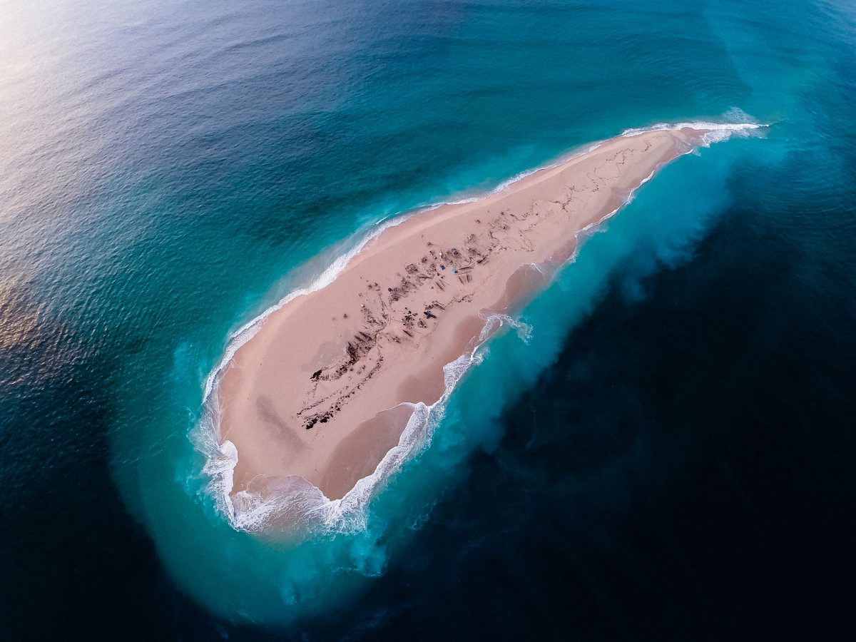 Aerial view of a migrant fishing camp in the Barren Isles