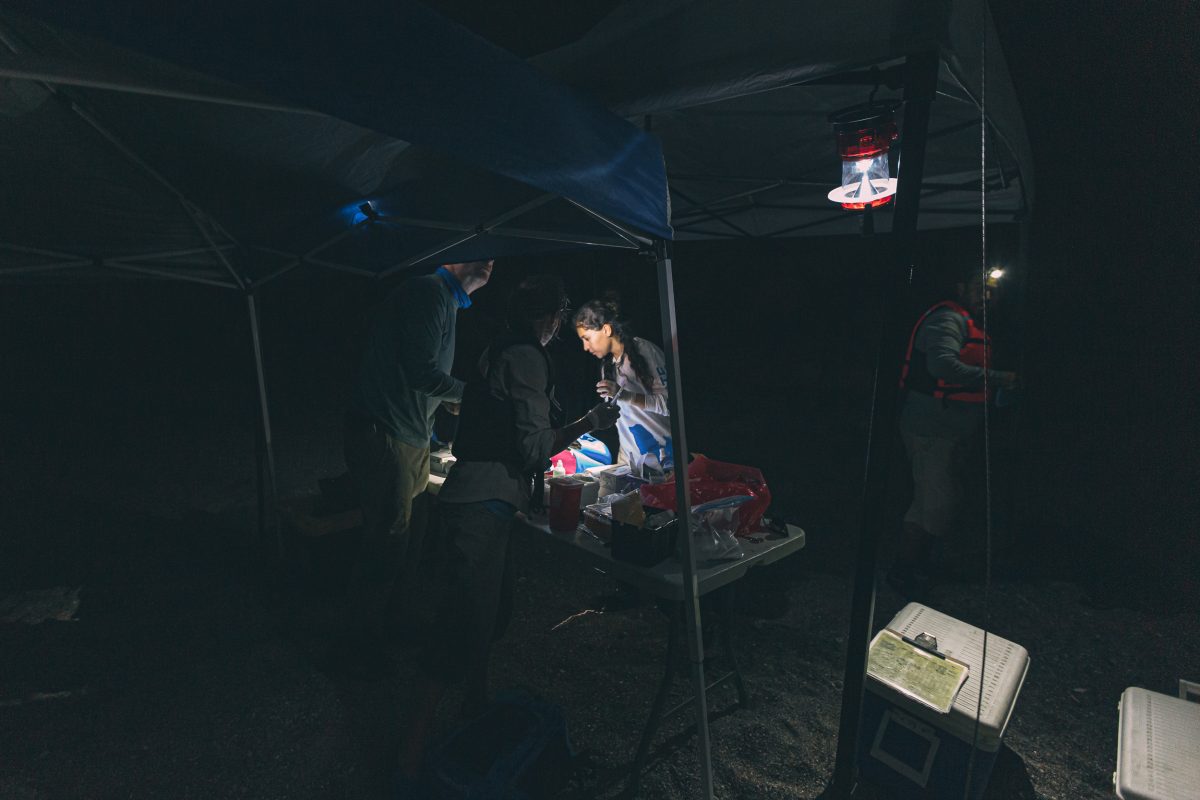 The team looks for supplies in the dark at the makeshift ER on Isla Partida.