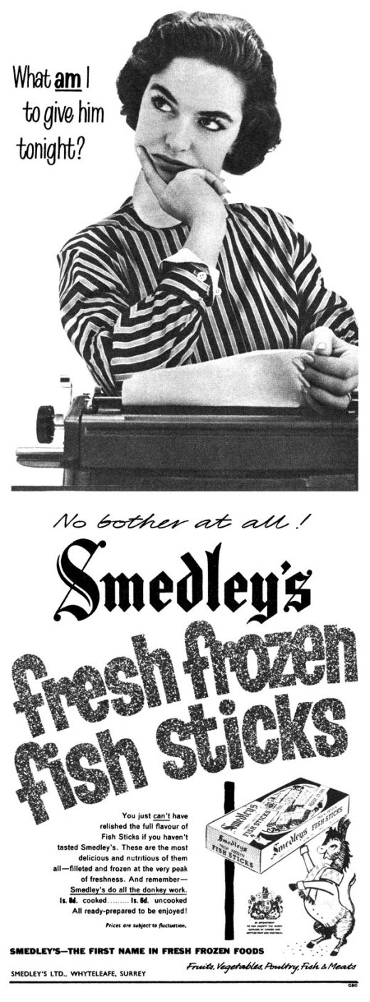 1957 British advertisement for Smedley's fresh frozen fish sticks