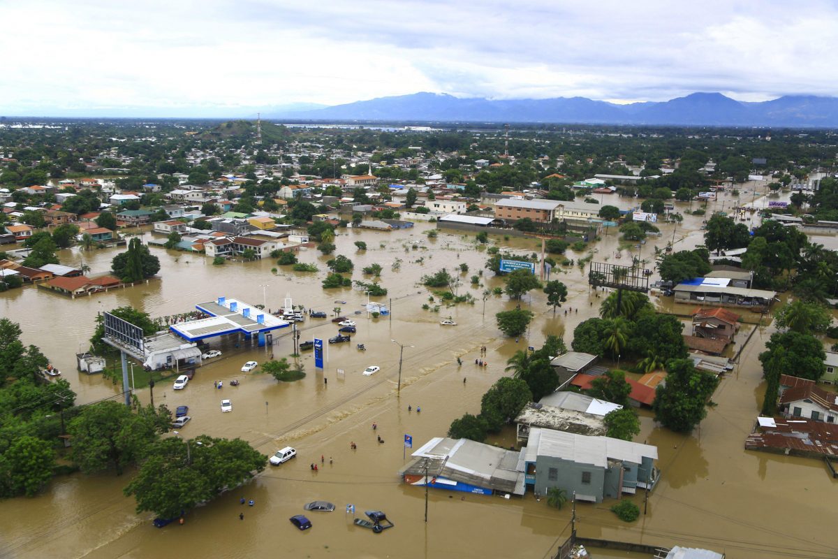Aerial view of flooding in La Lima, Honduras after Hurricane Eta