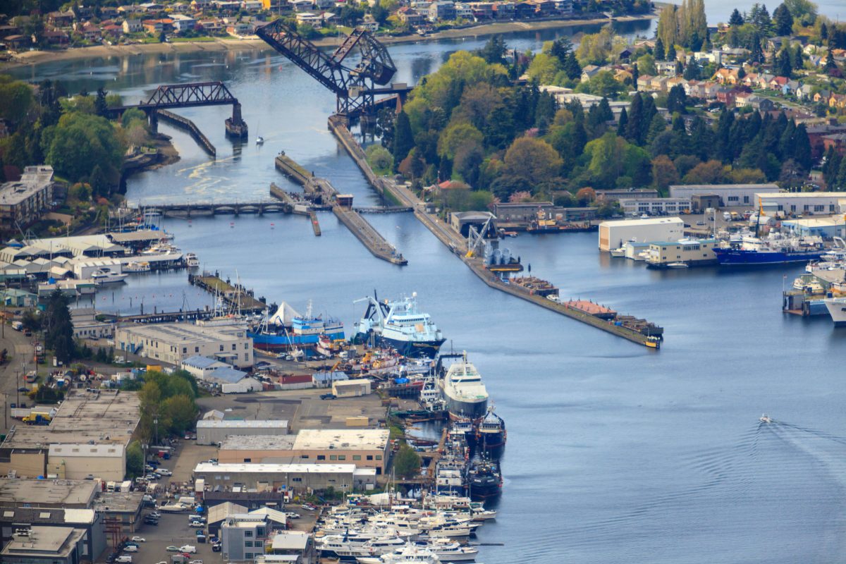Aerial photo of the Hiram M. Chittenden Locks or Ballard Locks, Seattle