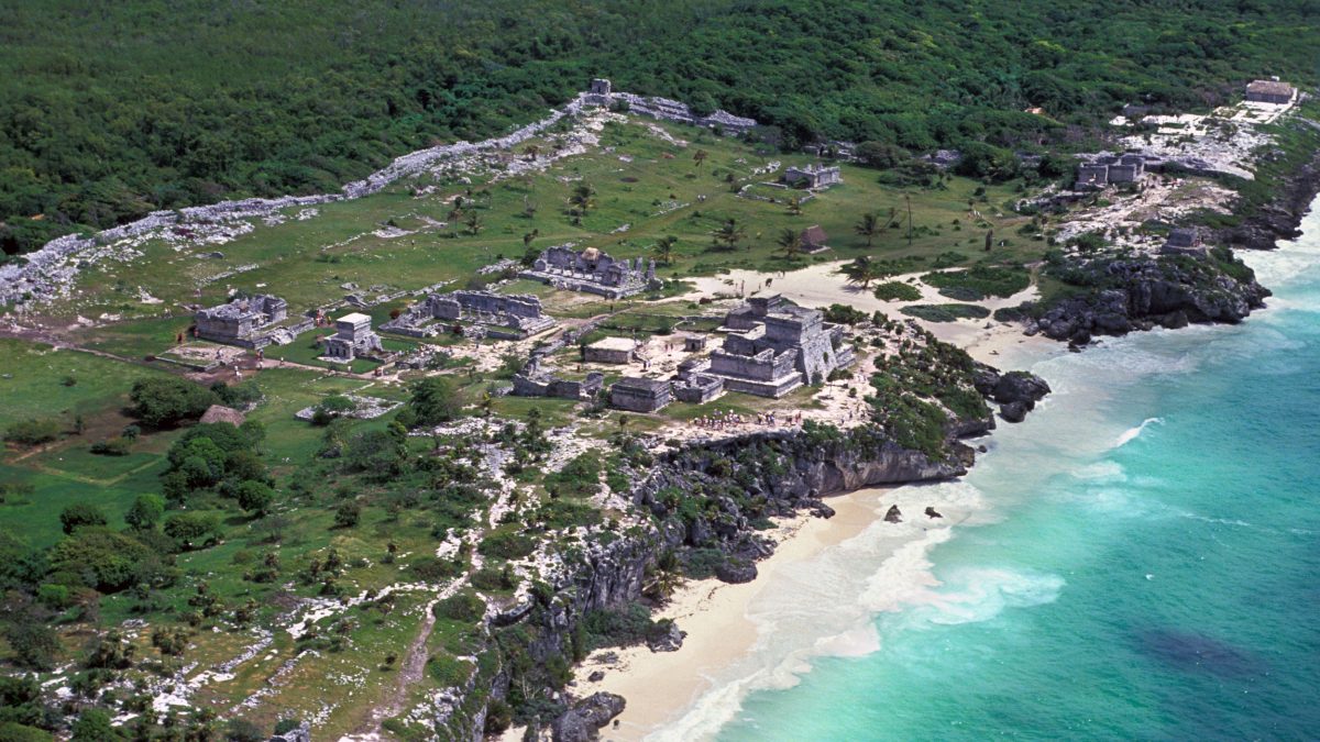 aerial photo of the Maya ruins at Tulum