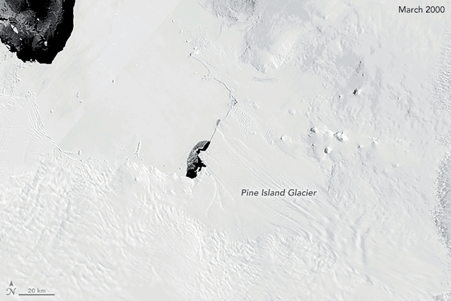 An aerial view of a shrinking glacier: Pine Island Glacier between 2000 and 2019. Photos by NASA