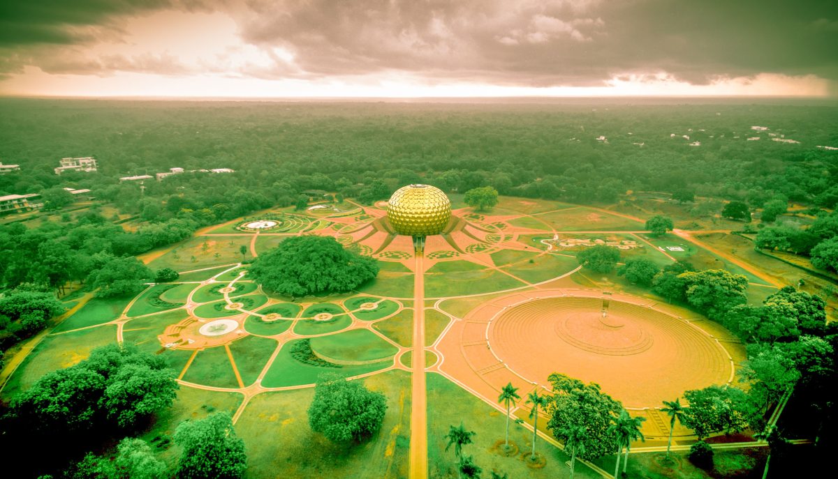 aerial photo of Auroville, Tamil Nadu, India