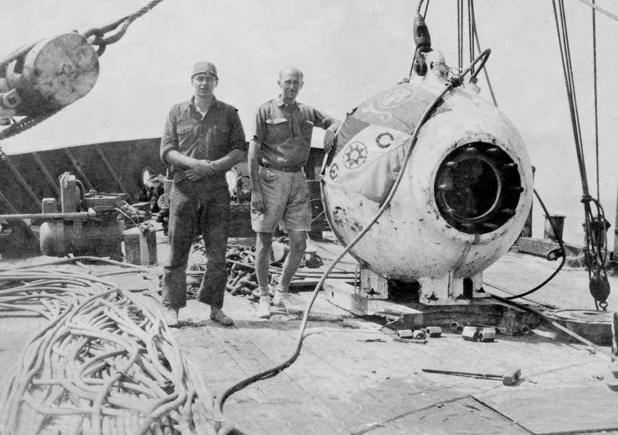 Researchers Otis Barton and William Beebe with their submersible bathysphere in 1934