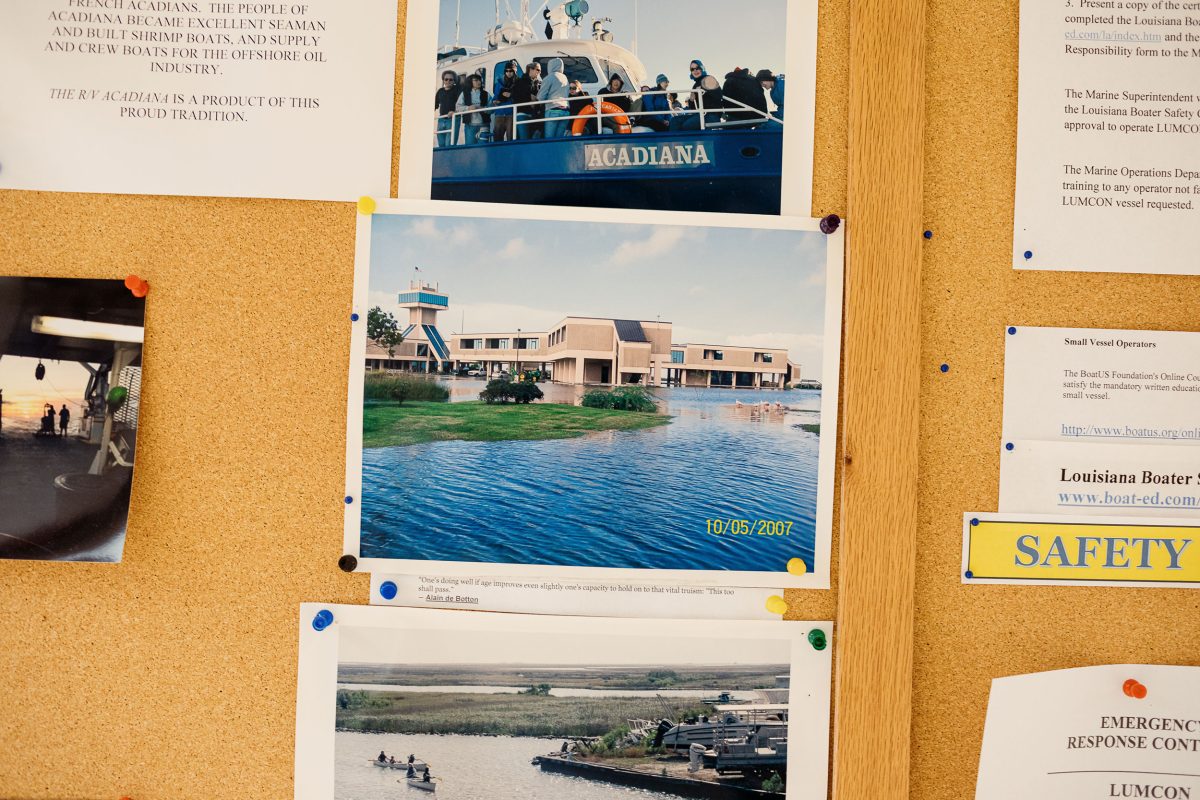 photo of flooded parking lot on the bulletin board at DeFelice Marine Center