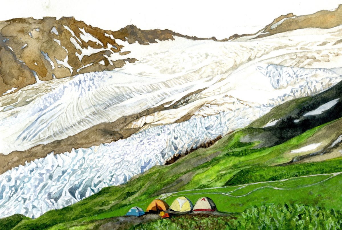 watercolor painting by Jill Pelto of a camp next to a glacier