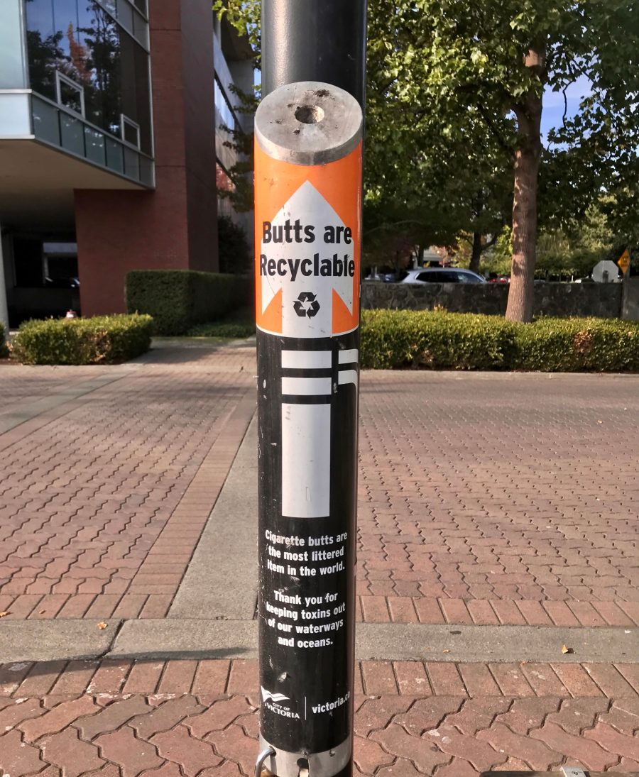 Canister for recycling cigarette buts in Victoria, BC