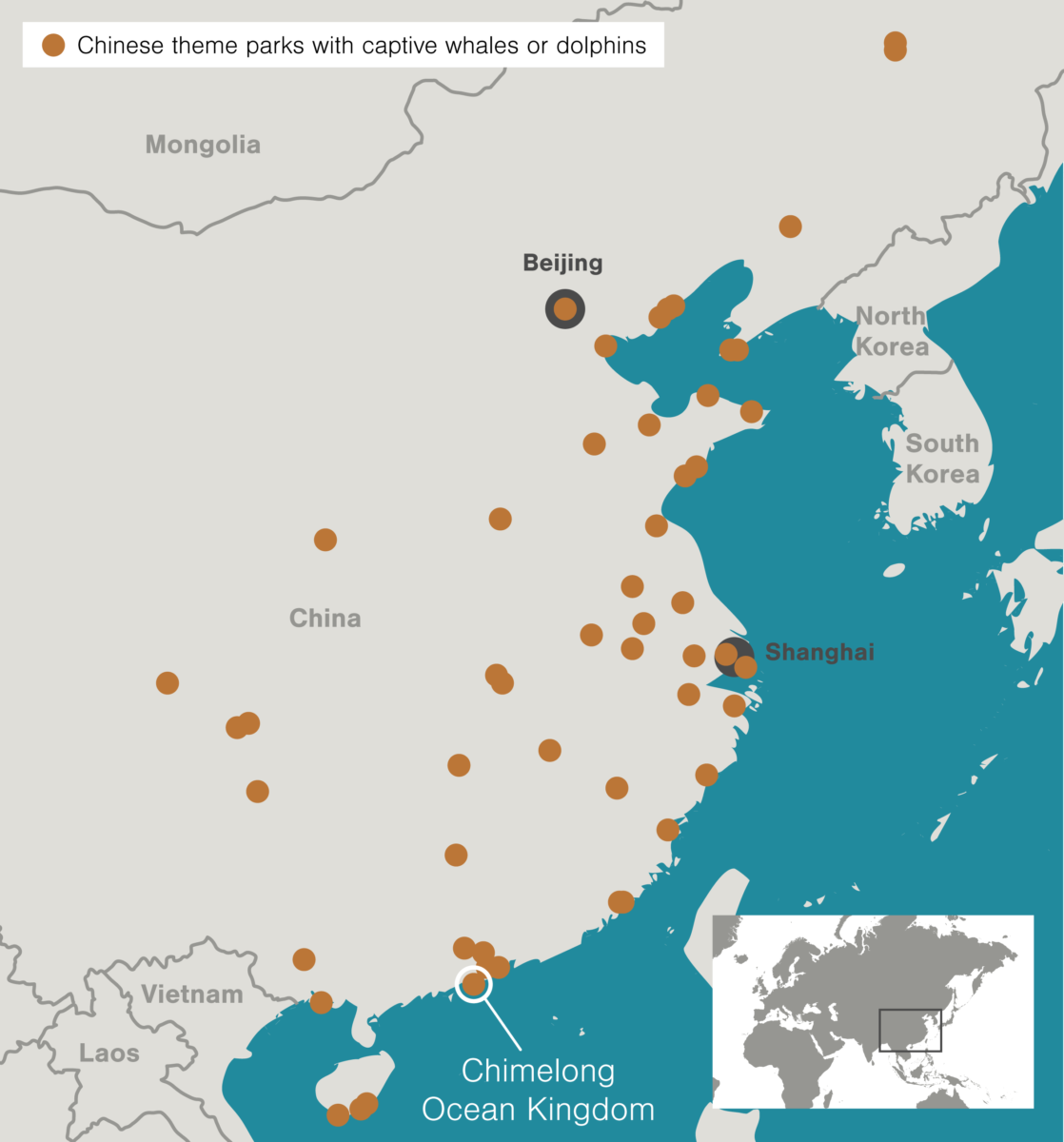 map showing Chinese theme parks with captive whales or dolphins