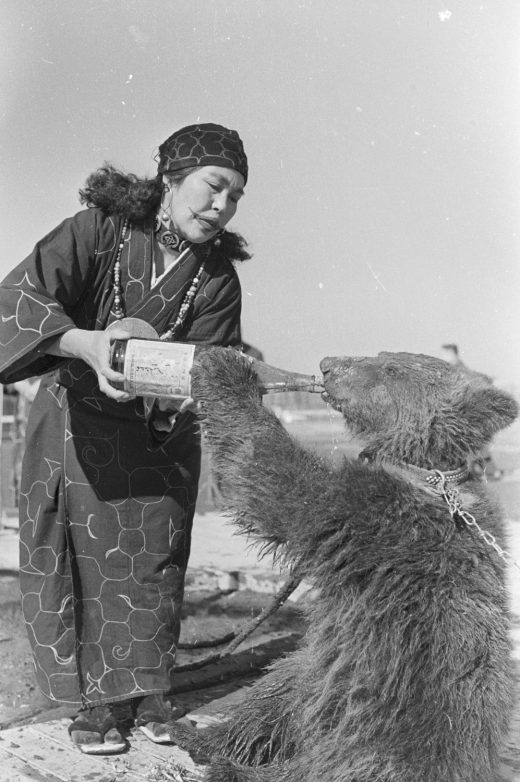 Taken in 1955, this photo shows an Ainu woman feeding a bear cub. The Ainu raised bear cubs as they would a member of the family, until the <em>iyomante</em>, the bear-sending ceremony. Photo by Evans/Three Lions/Getty Images