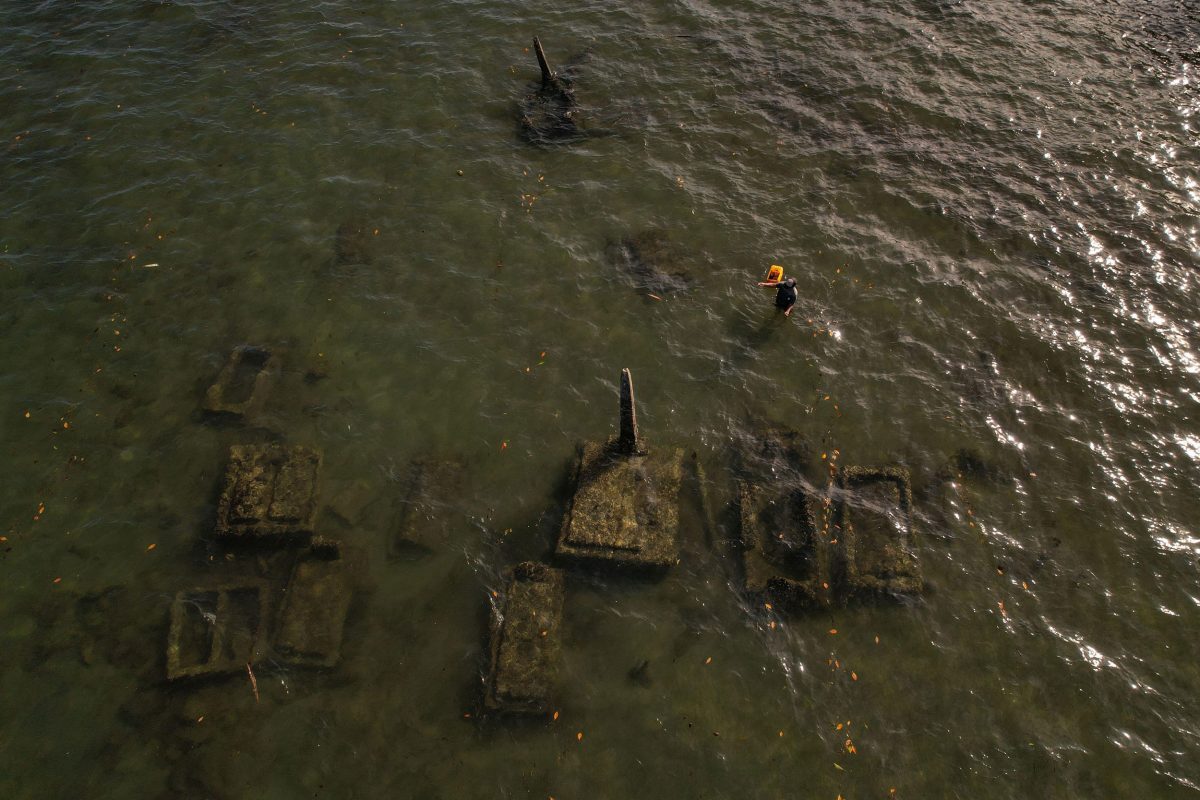 arial photo of flooded graveyard