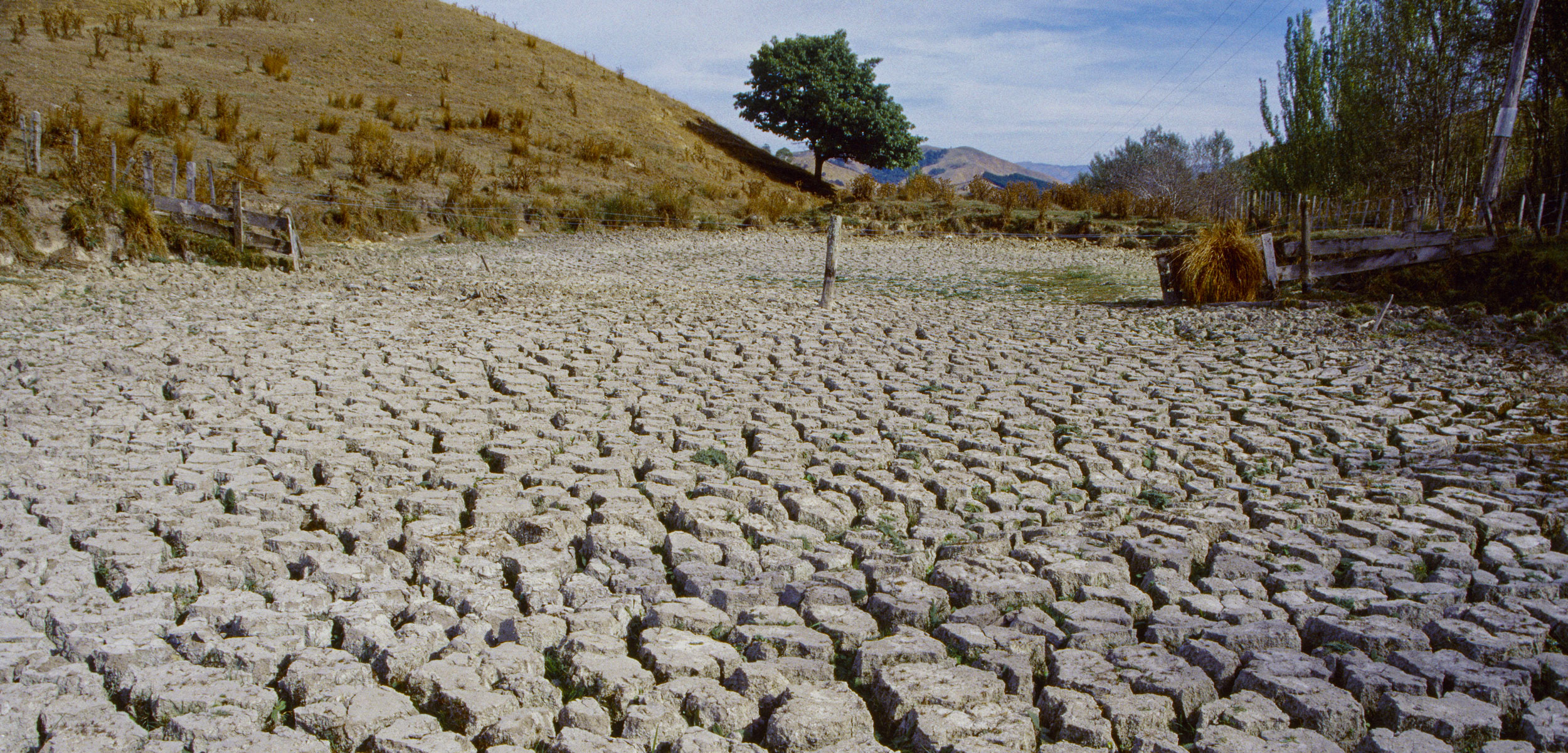 Dry stock pond resulting from 1998 El Nino drought Gisborne, New Zealand