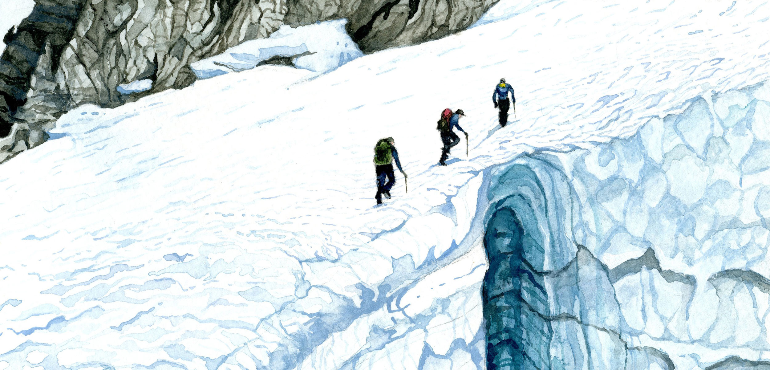 watercolor painting by Jill Pelto of researchers on a glacier