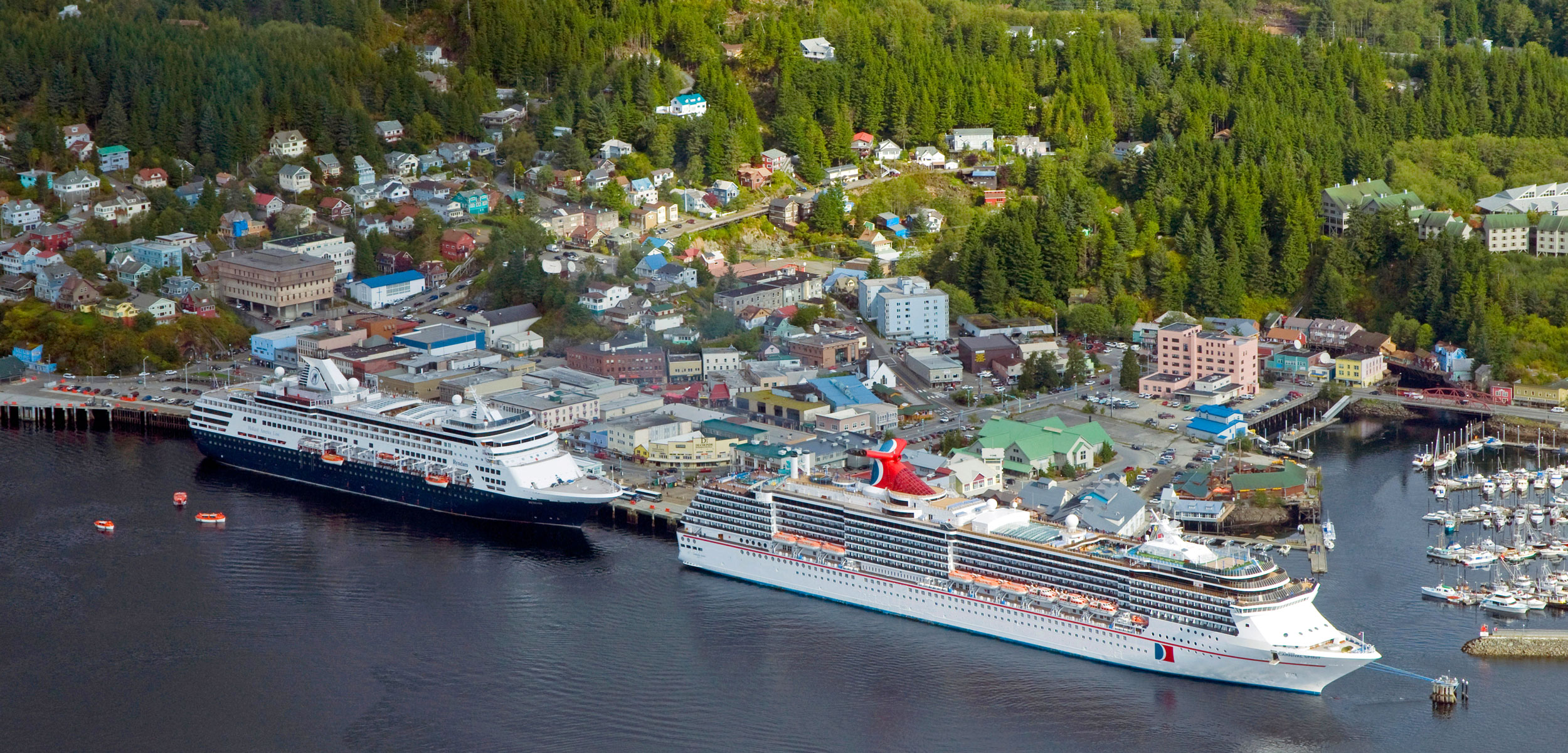 aerial photo of cruise ships in Ketchikan, Alaska