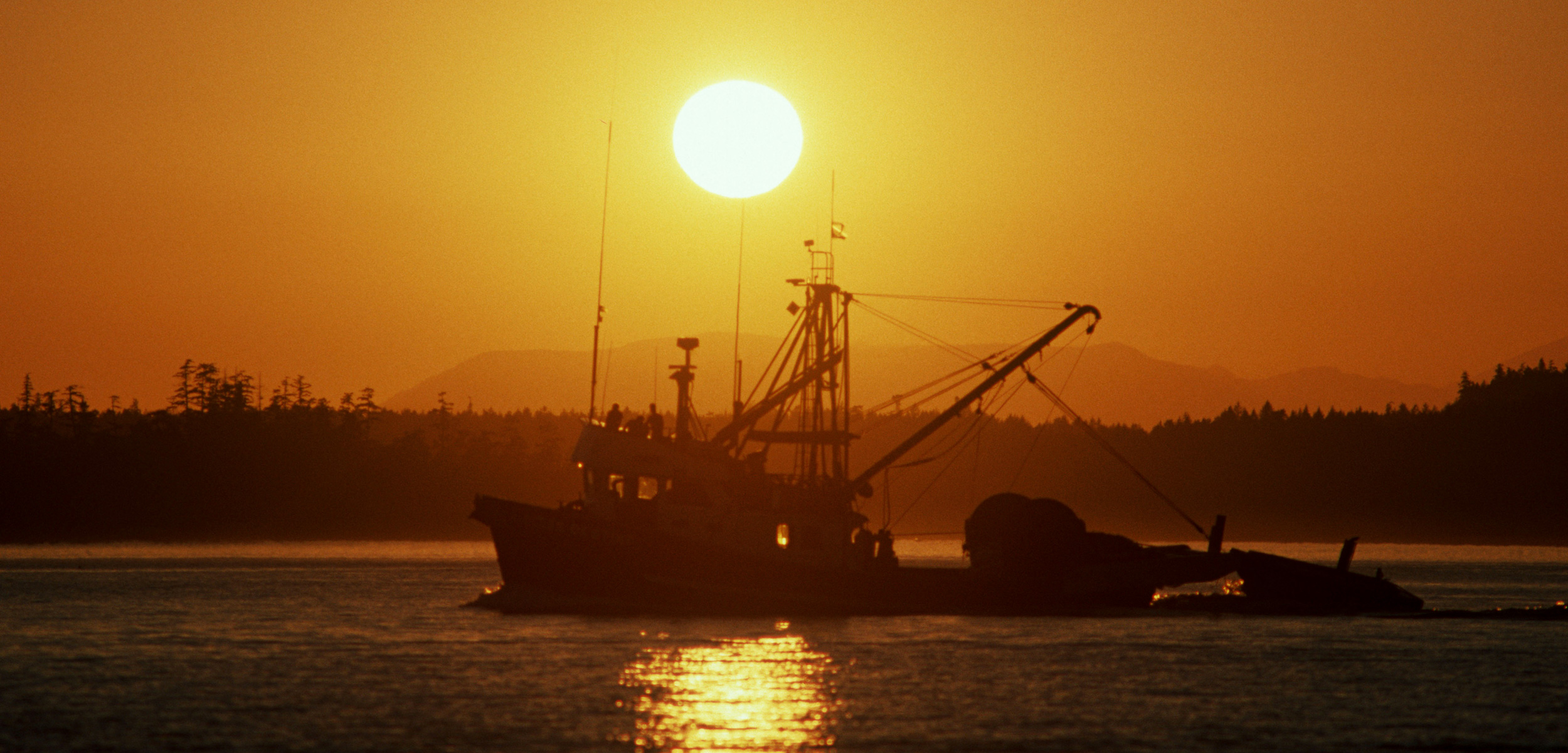 Vancouver Island commercial fishboat in sunset, British Columbia, Canada