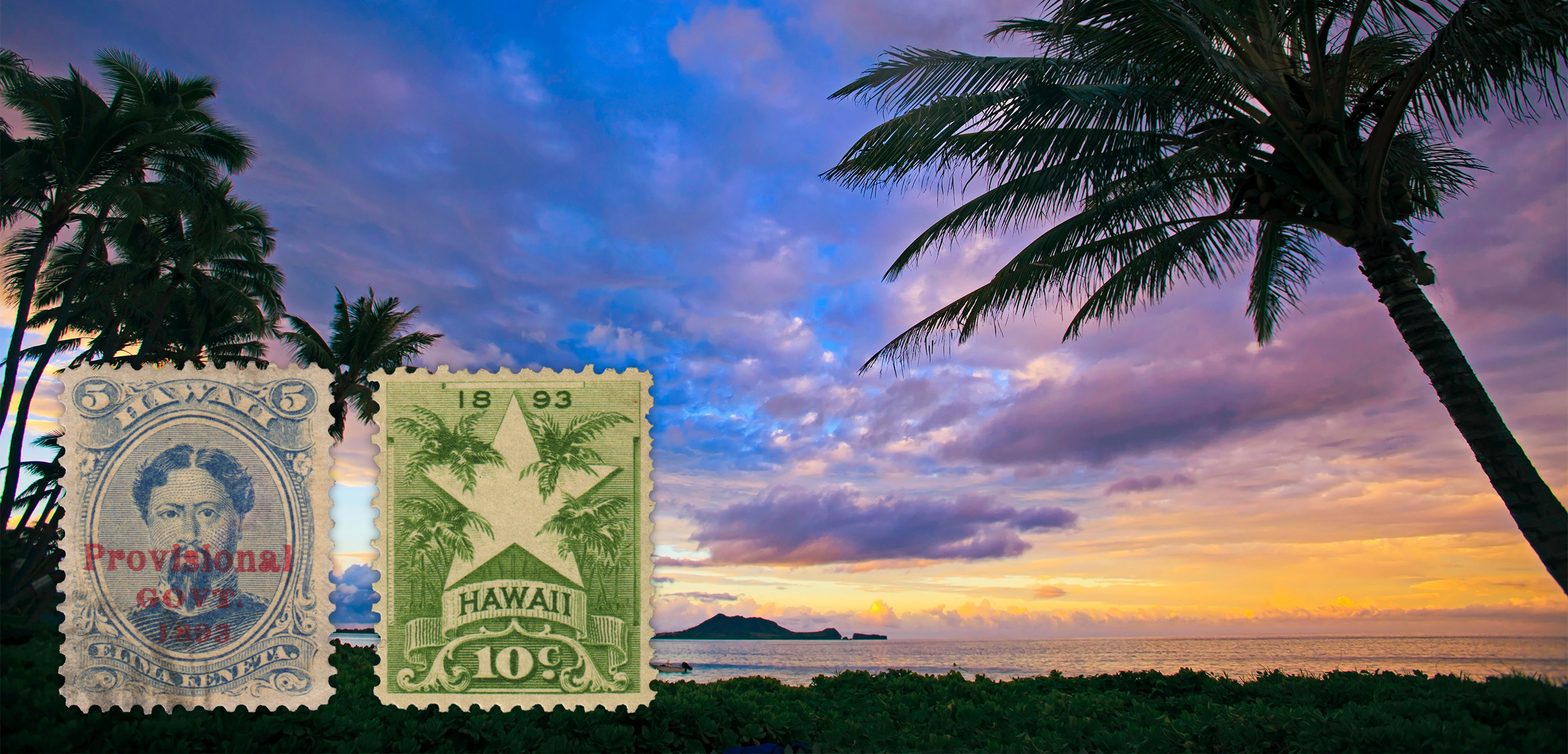 When the Provisional Government pushed its way into power in Hawai‘i in 1893, it stamped its name over the royal portraits that adorned existing postage stamps. The new government then ordered new stamps, including the star and palms, which is a visual statement of its desire to Americanize the once-independent kingdom. Background photo by Tomas del Amo/Alamy Stock Photo