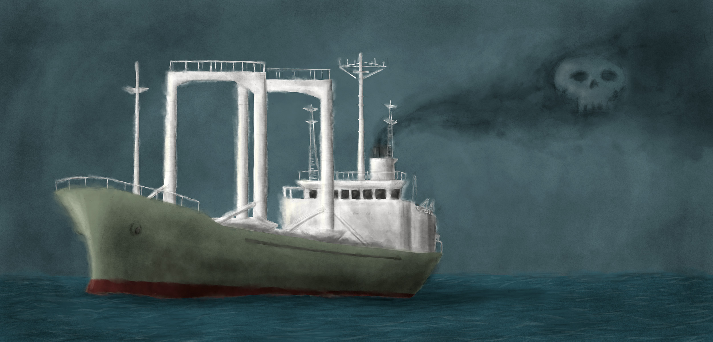 illustration of transshipment vessel with skull in smoke