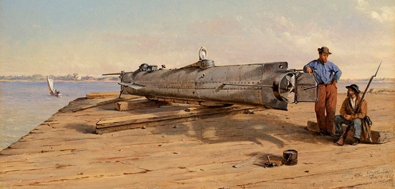 An oil painting by Conrad Wise Chapman, circa 1898, depicts the inventor of the ill-fated H. L. Hunley, along with a sentinel.