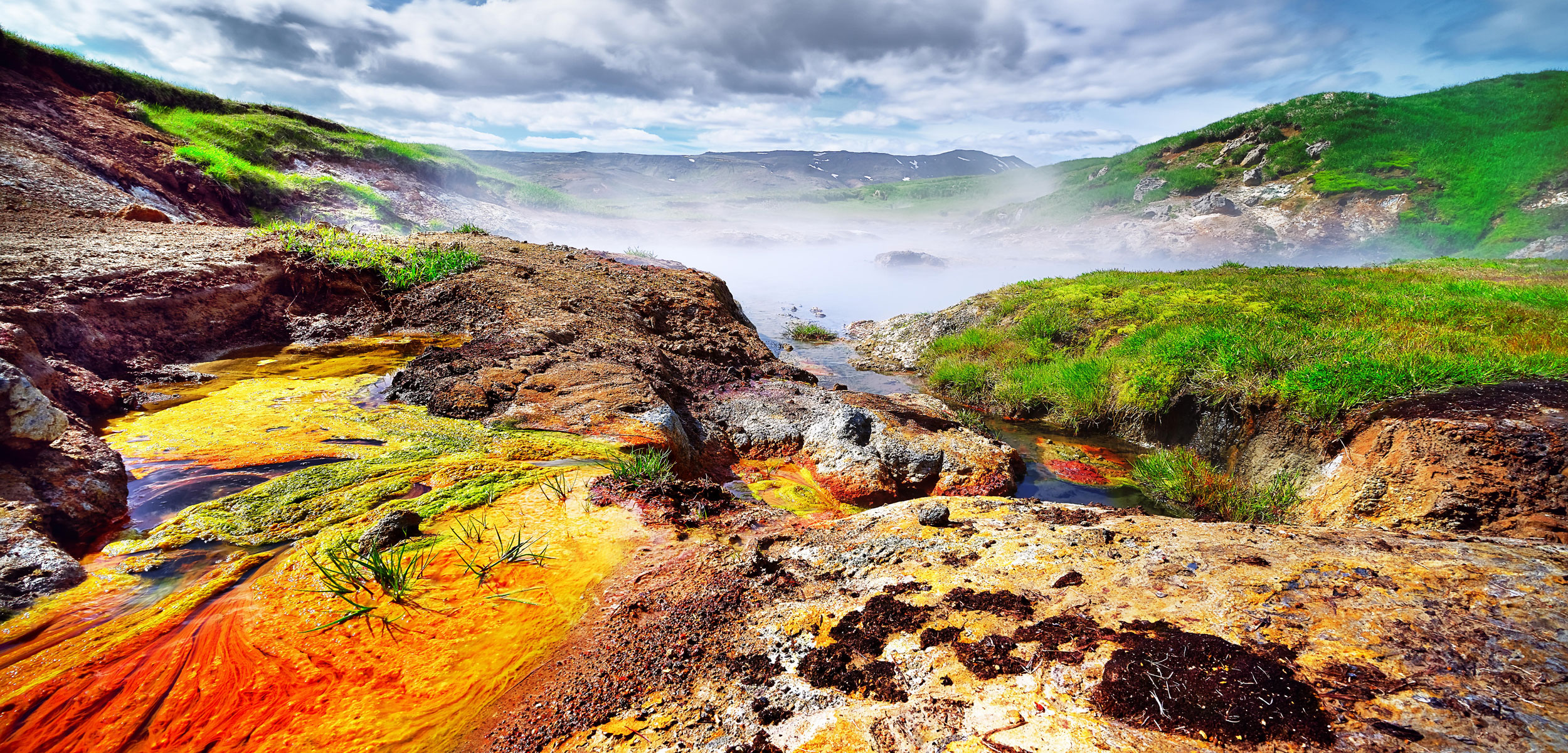Geothermal area with very colorful deposits in Hengill, Iceland