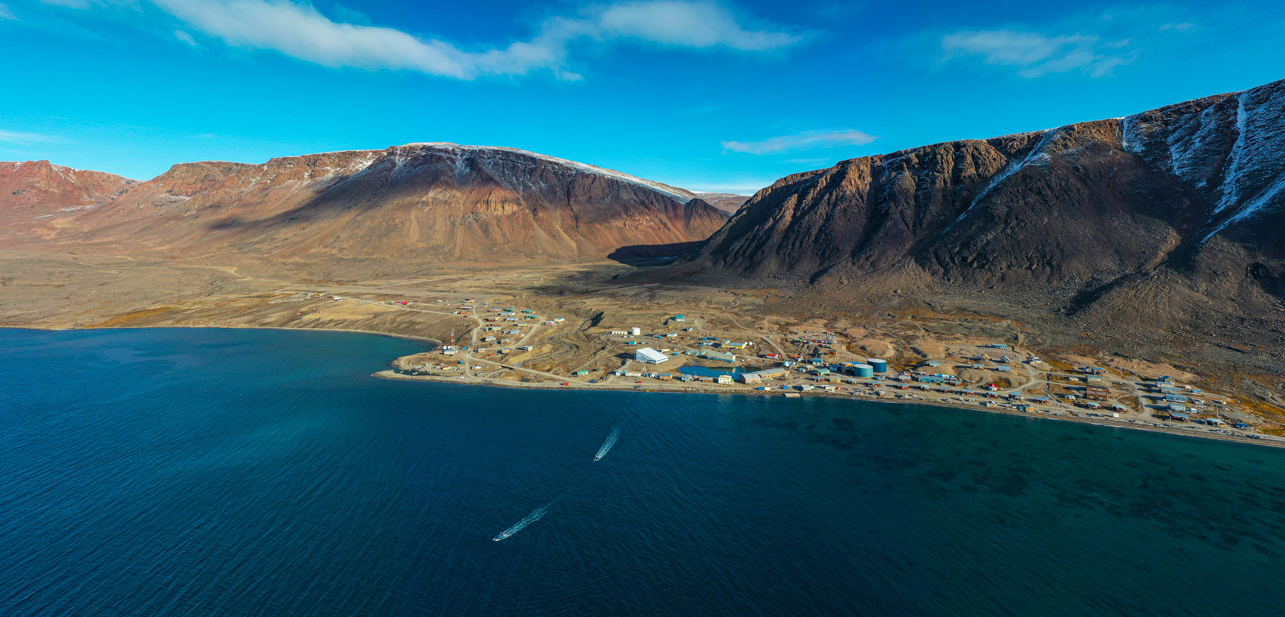 drone photo of the town of Grise Fiord