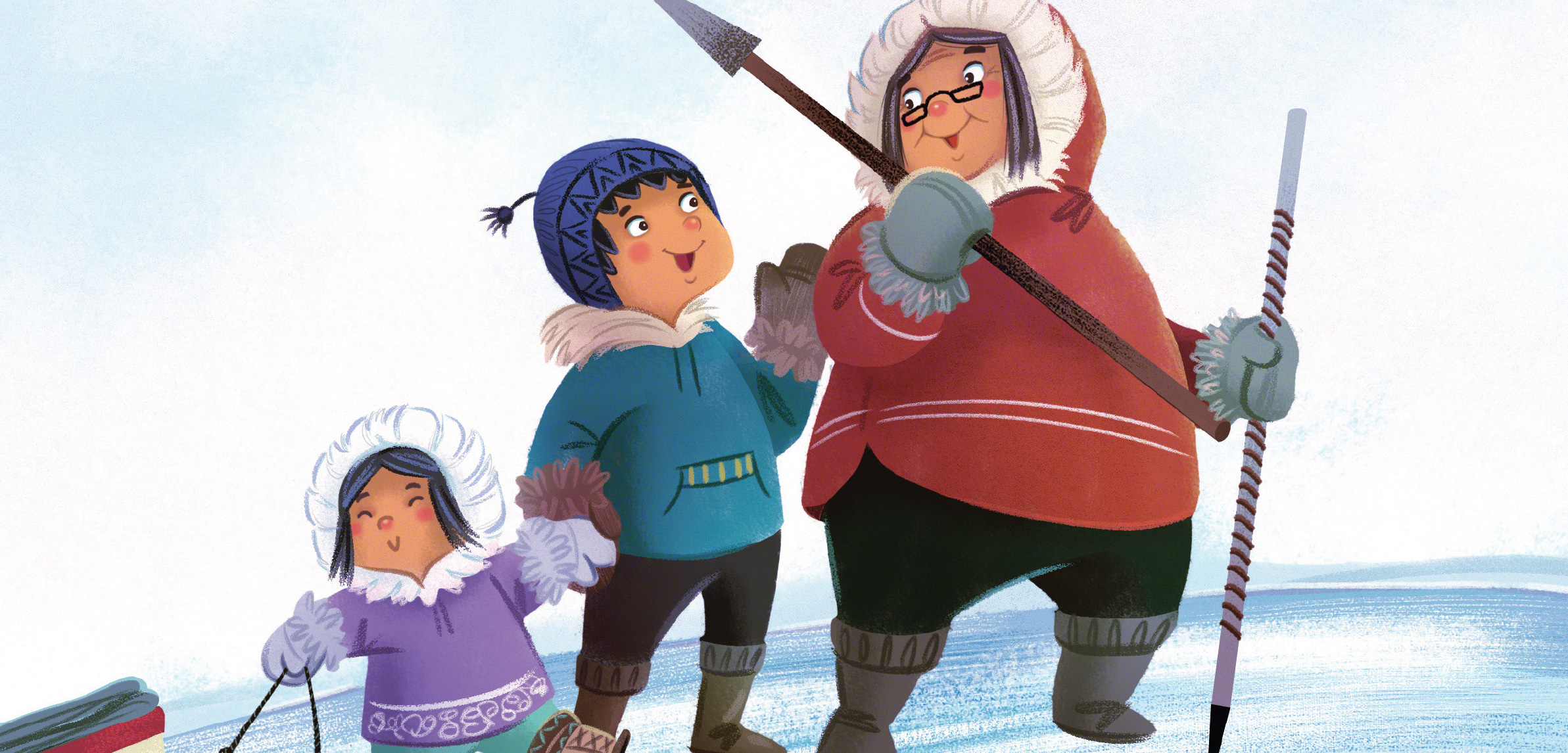 A detail of the cover illustration from Fishing with Grandma by Susan Avingaq and Maren Vsetula. Image courtesy of Inhabit Media