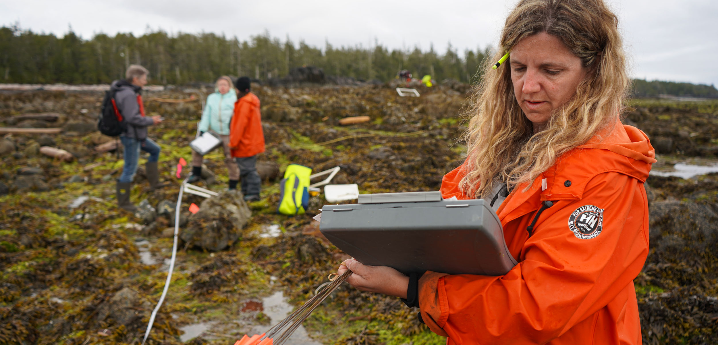 Michelle Bigg, integrated responses planning program head for Fisheries and Oceans Canada, records data at an intertidal site on Goose Island, British Columbia