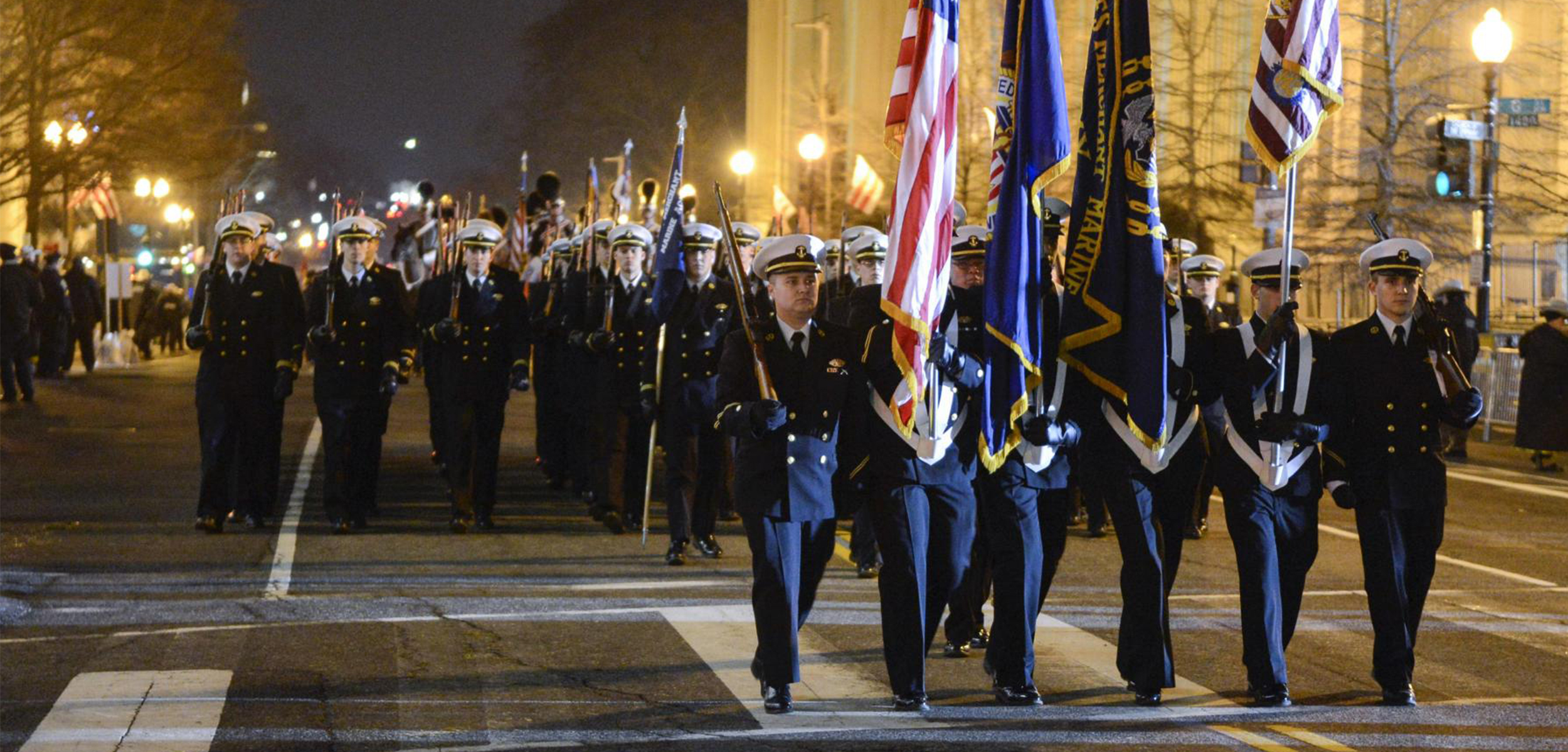 Cadets of the United States Merchant Marine Academy Color Guard march