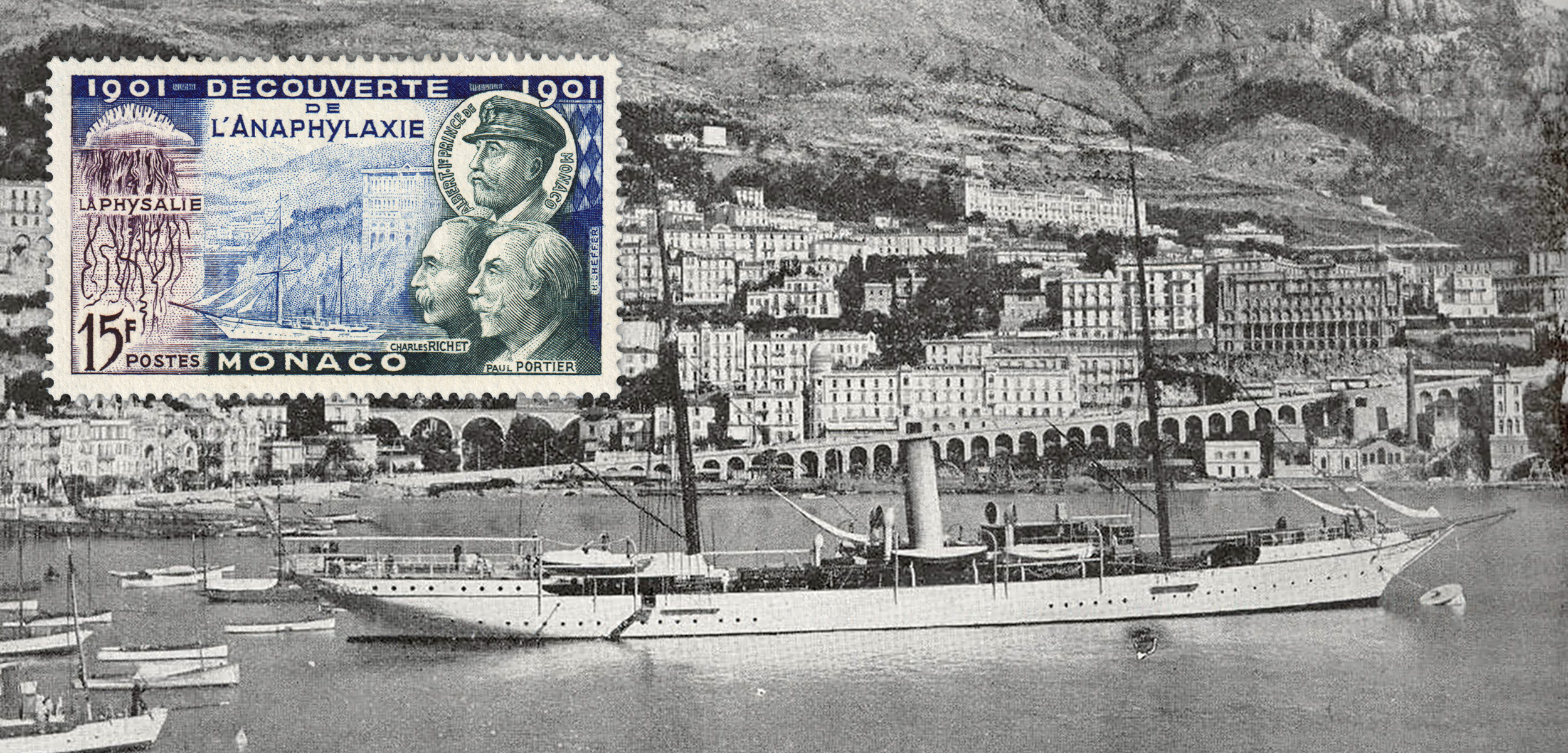 The discovery of anaphylaxis began aboard one of Prince Albert of Monaco’s yachts. Monaco commemorated the accomplishment with a series of stamps, but unfortunately depicted the wrong vessel. Background photo courtesy of Freshwater and Marine Image Bank/University of Washington