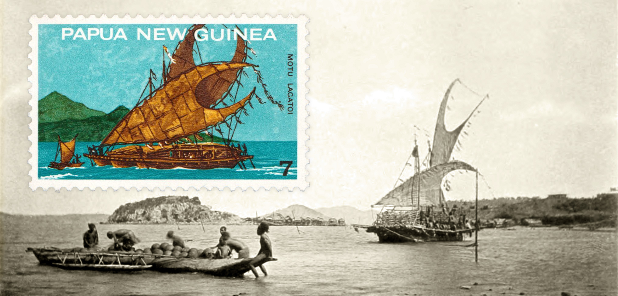 The lagatoi traditional canoe, featured on this seven-cent stamp from 1975, has been a predominant theme in Papuan philately. Stamp image used with permission from Post PNG Ltd, background photo courtesy of Wikimedia