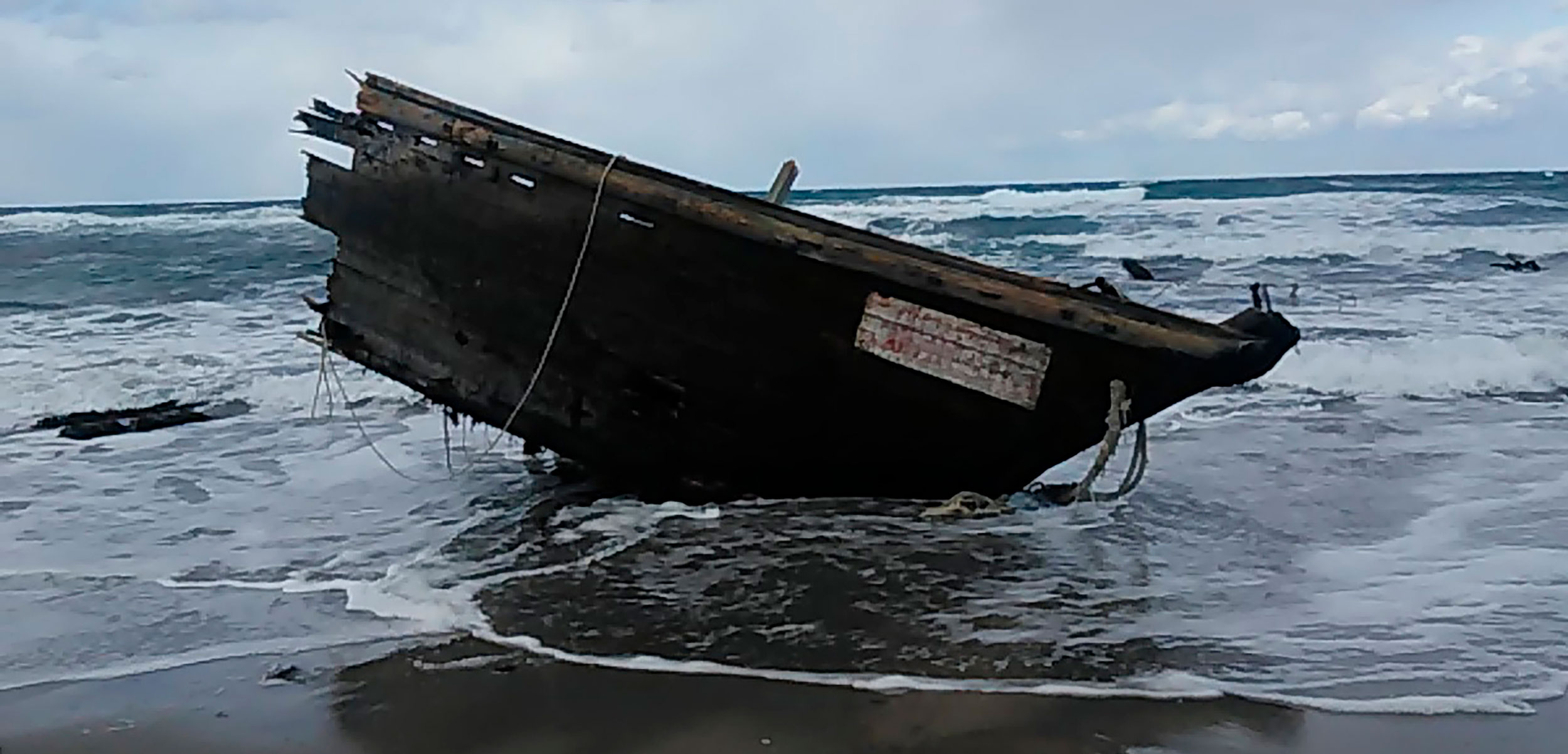 In December 2019, a ship washed up on Sado Island, Japan