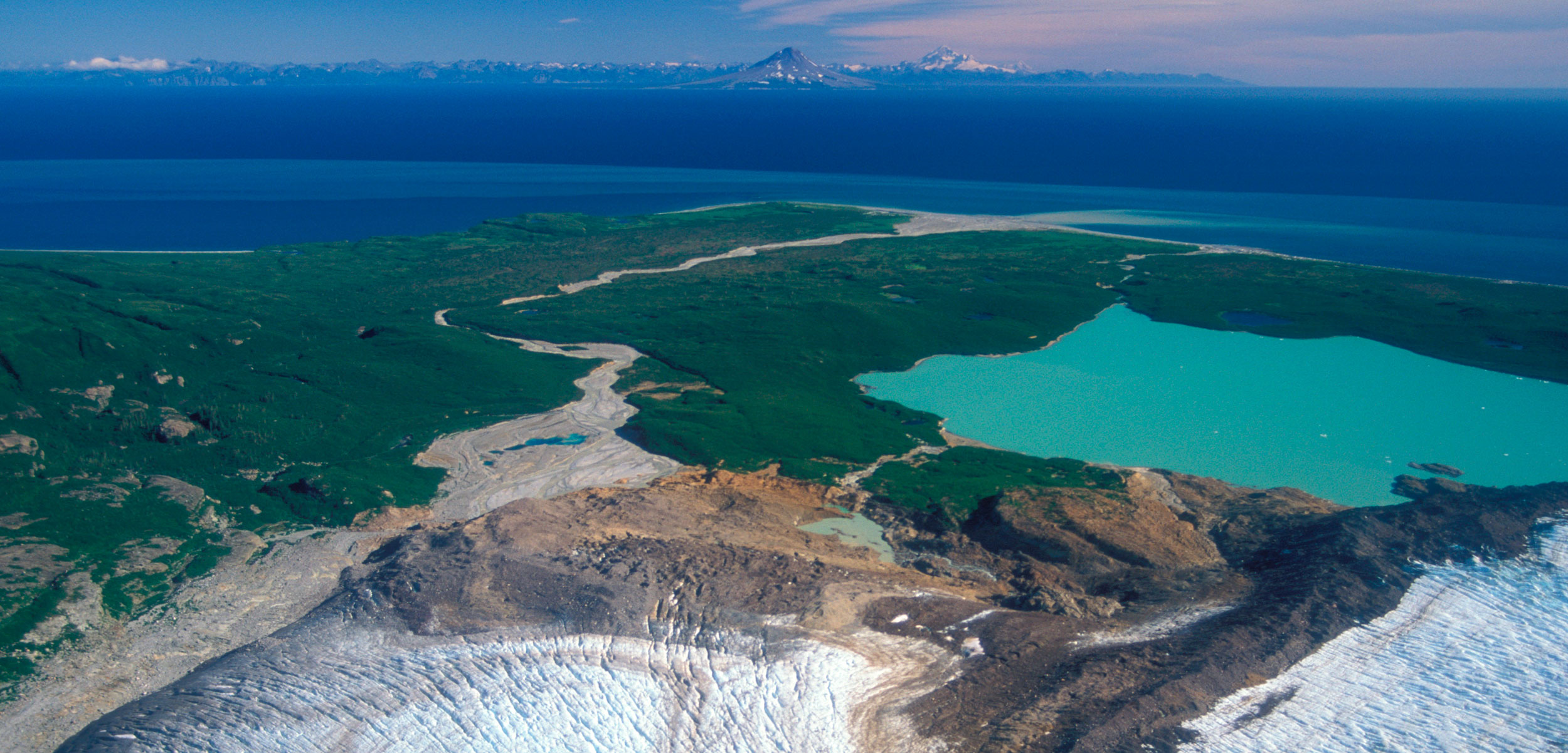 Aereal view of glaciers and shoreline of Kamishak Bay and Mount Douglas, Katmai National Park, Cook Inlet, Alaska