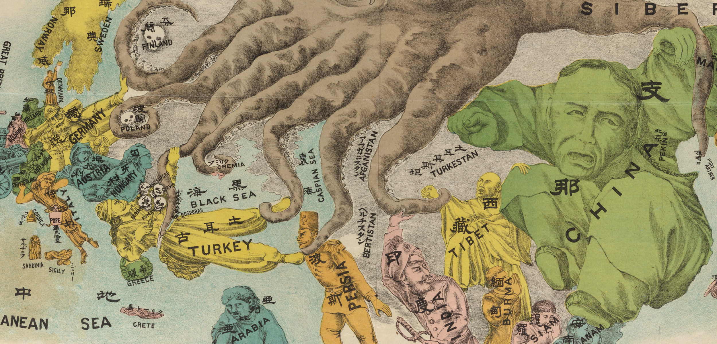 Octopuses are popular among makers of persuasive maps, like this one from P. J. Mode’s collection housed at Cornell University. Photo courtesy of Cornell University Persuasive Cartography Collection