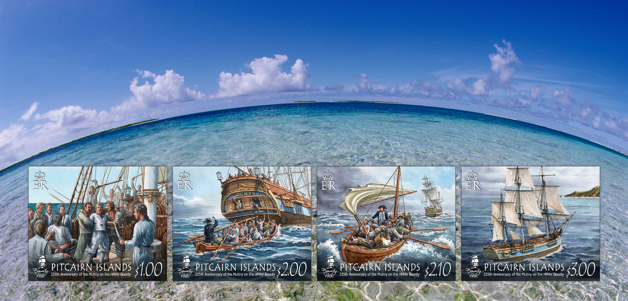 These four postage stamps depict the anchoring moments in one of the most extraordinary events in maritime history: the mutiny aboard HMS Bounty. Background photo by Darrell Gulin/Corbis