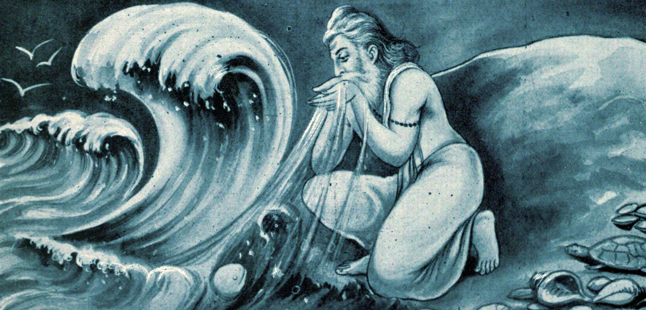 In Hindu mythology, the powerful sage Agastya slurps up the sea and then spews or urinates it out, making it salty.