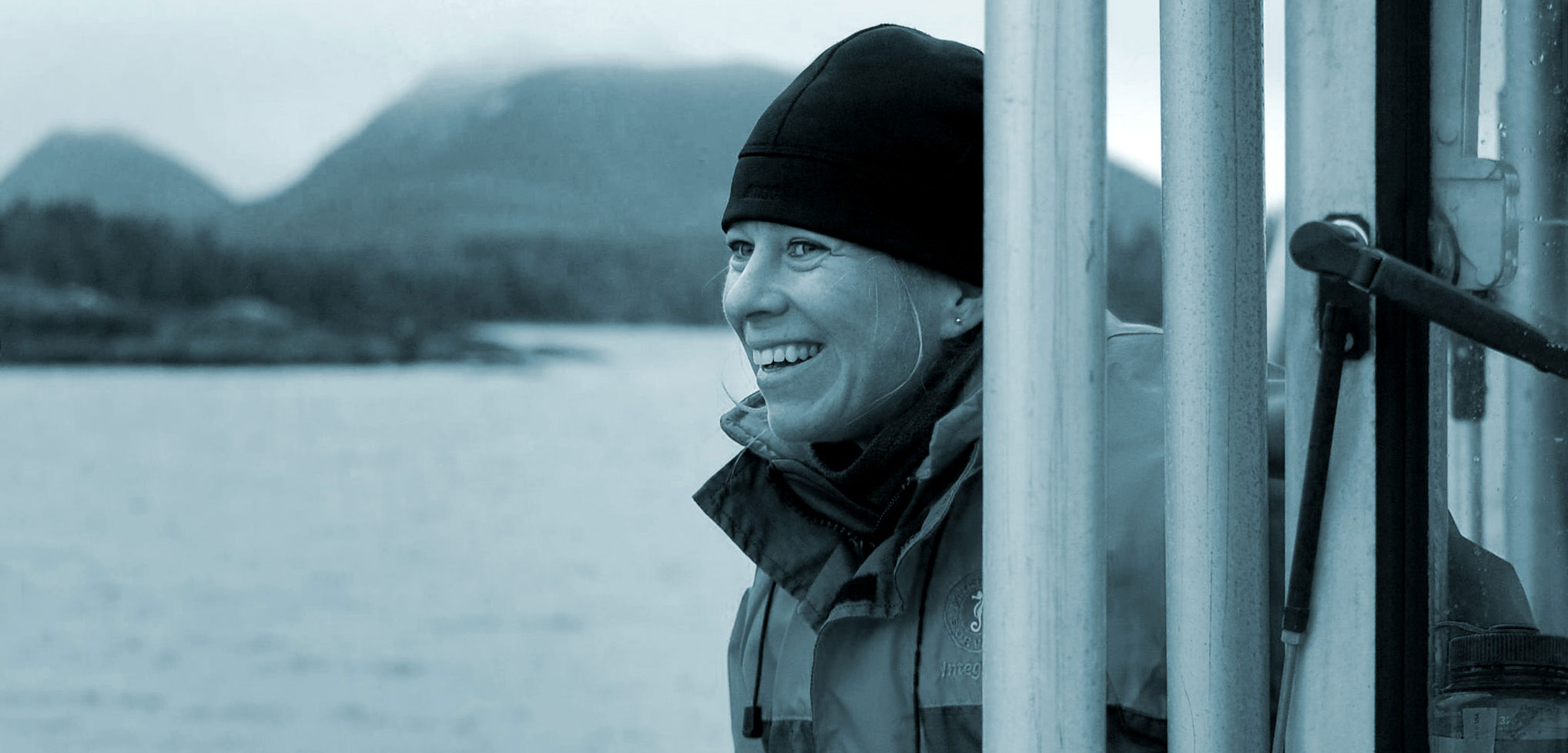 Wendy Szaniszlo on a boat in Barkley Sound, British Columbia