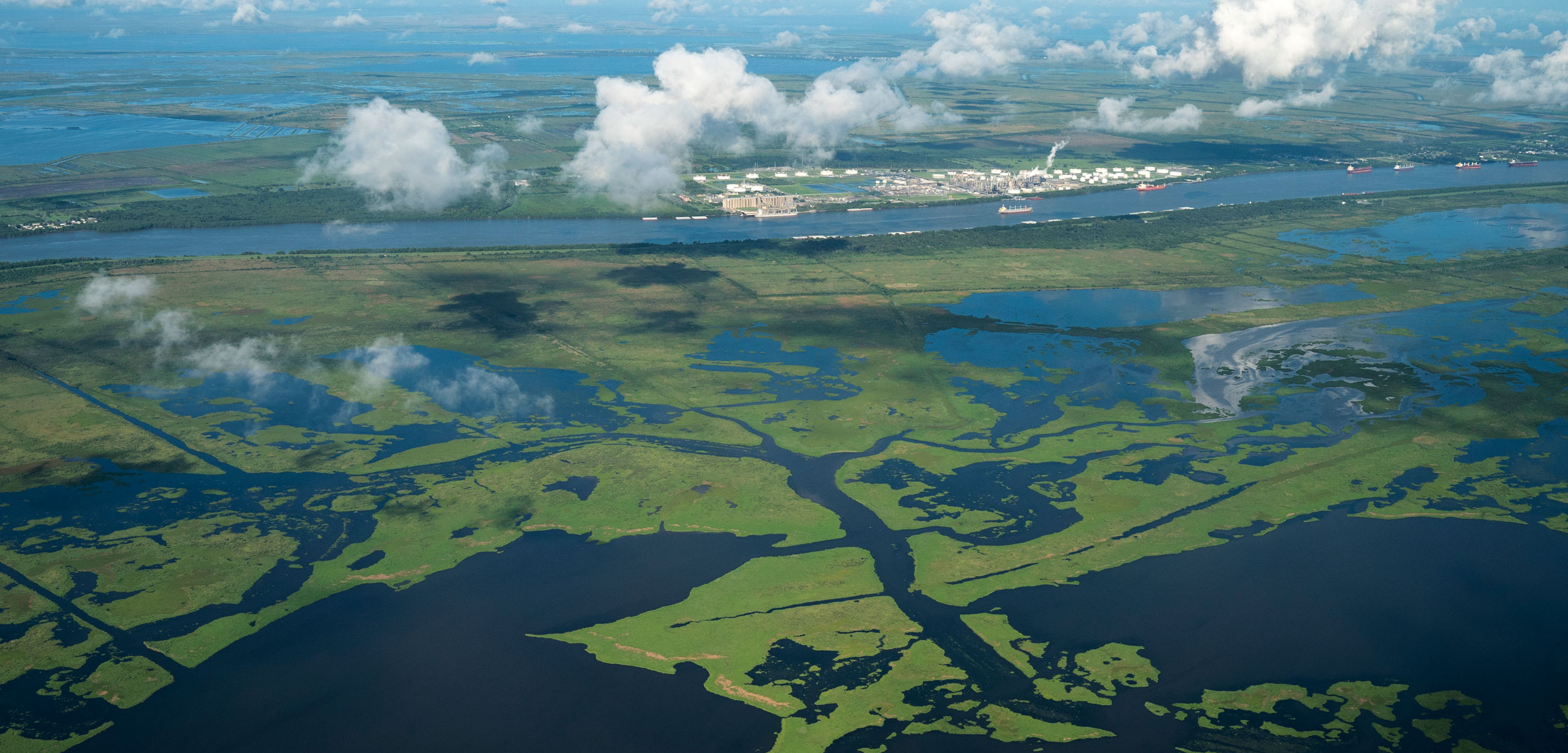 aerial photo of the wetlands around Plaquemines Parish, Louisiana.