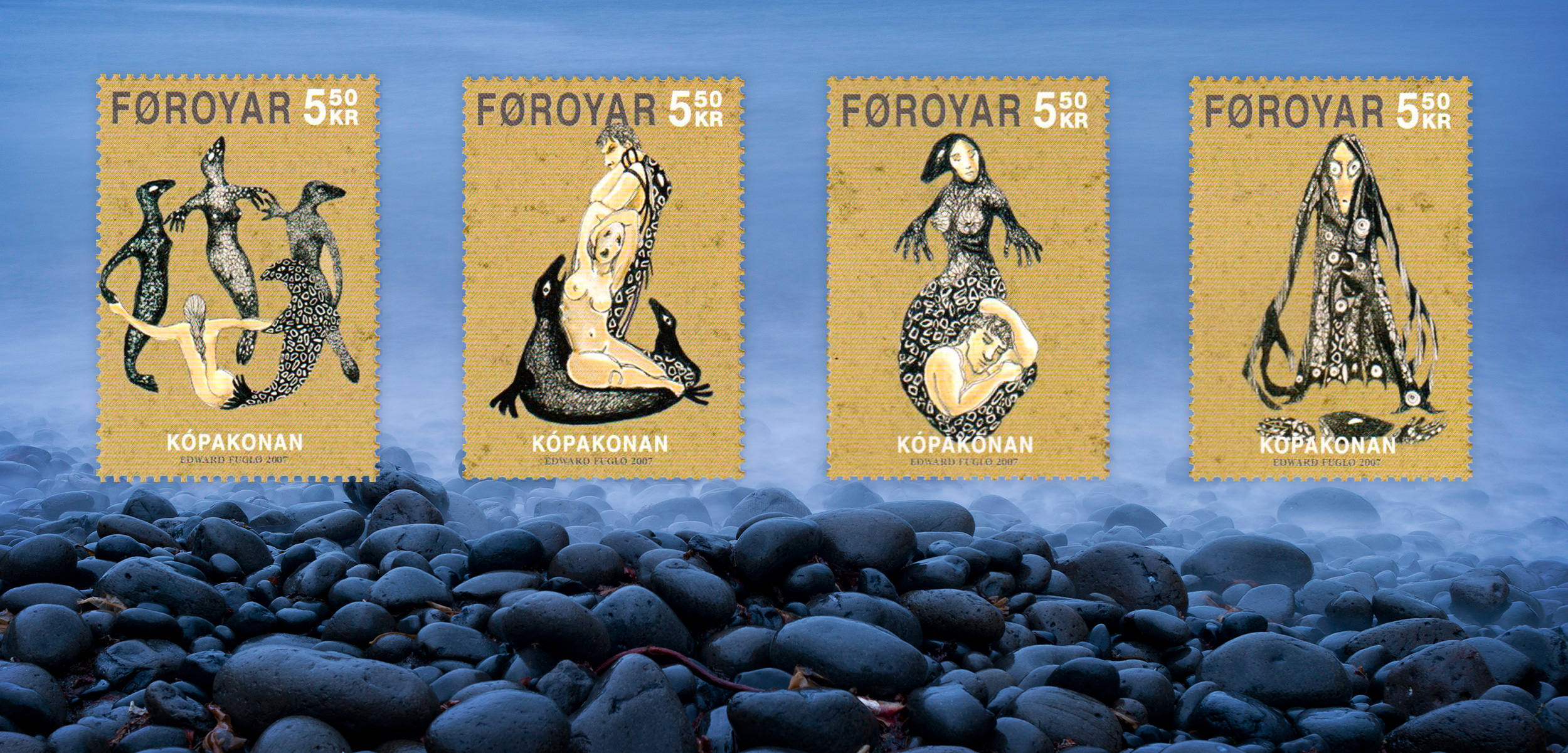 The story of Seal Woman, a Selkie, comes from the Faroe Islands, an archipelago that is part of the Kingdom of Denmark. Artist Edward Fuglø designed a series of 10 stamps, four of which are shown here. Background photo by Olaf Krüger/imagebroker/Corbis