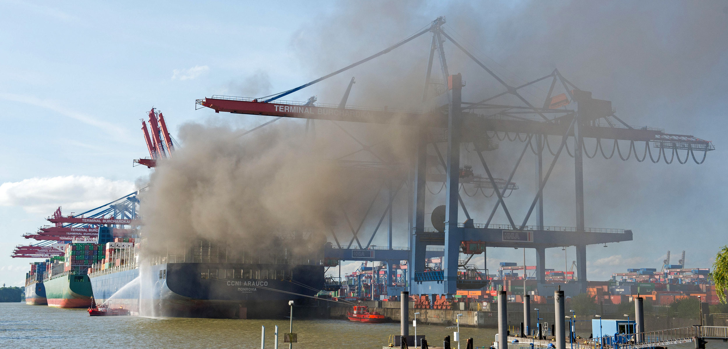 fire aboard a container ship in Hamburg, Germany