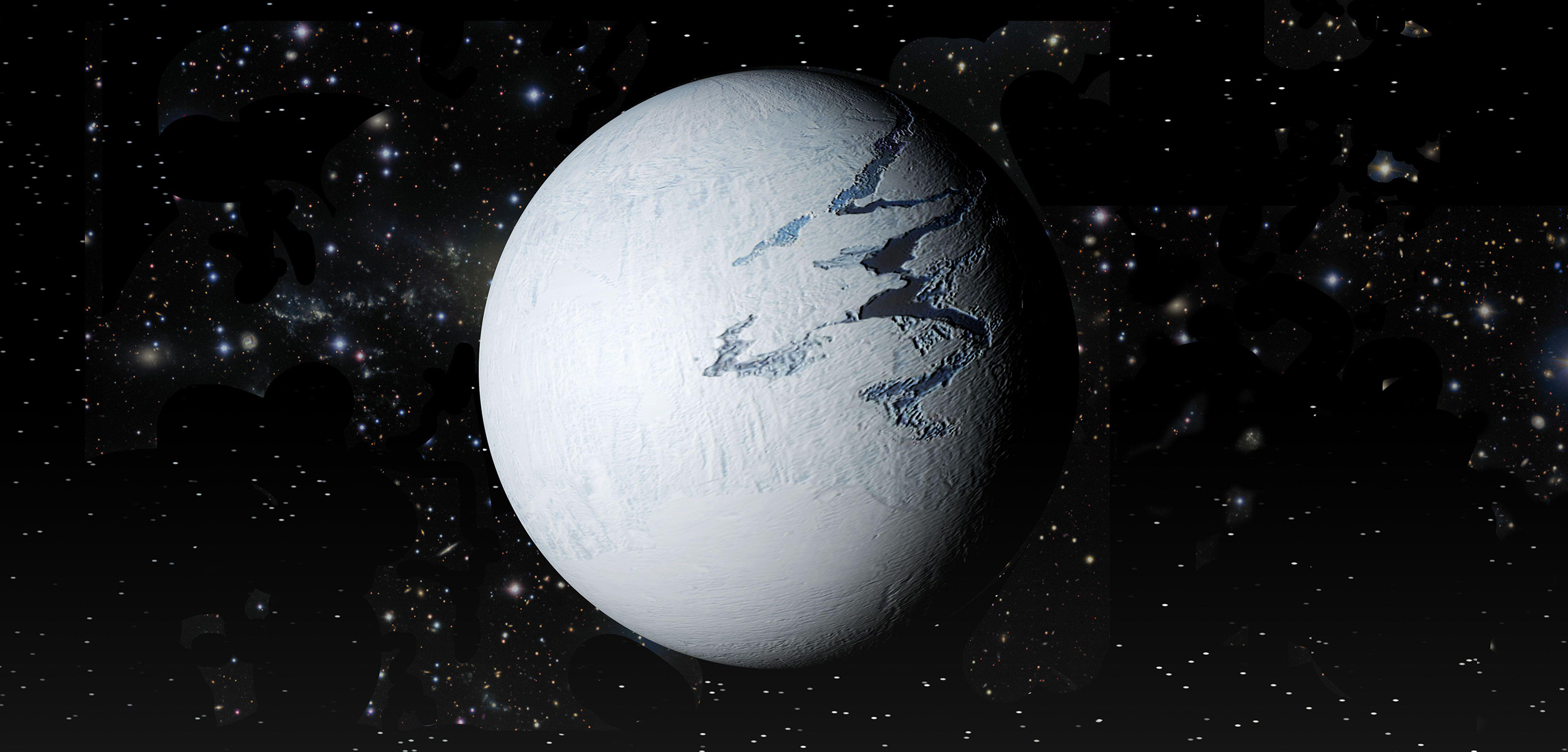 A white planet covered in ice sits on a black starry background.