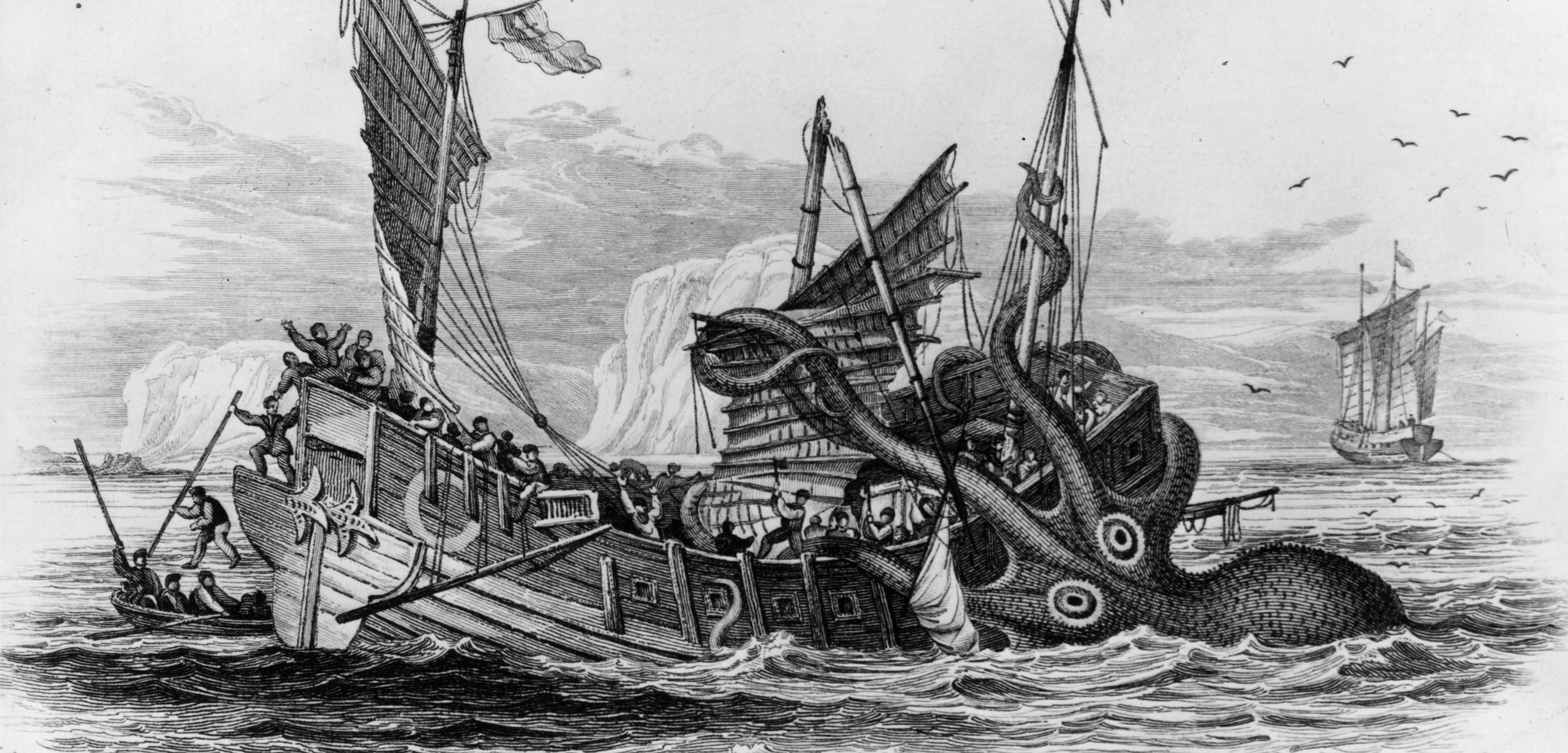 illustration of ship being attacked by a kraken