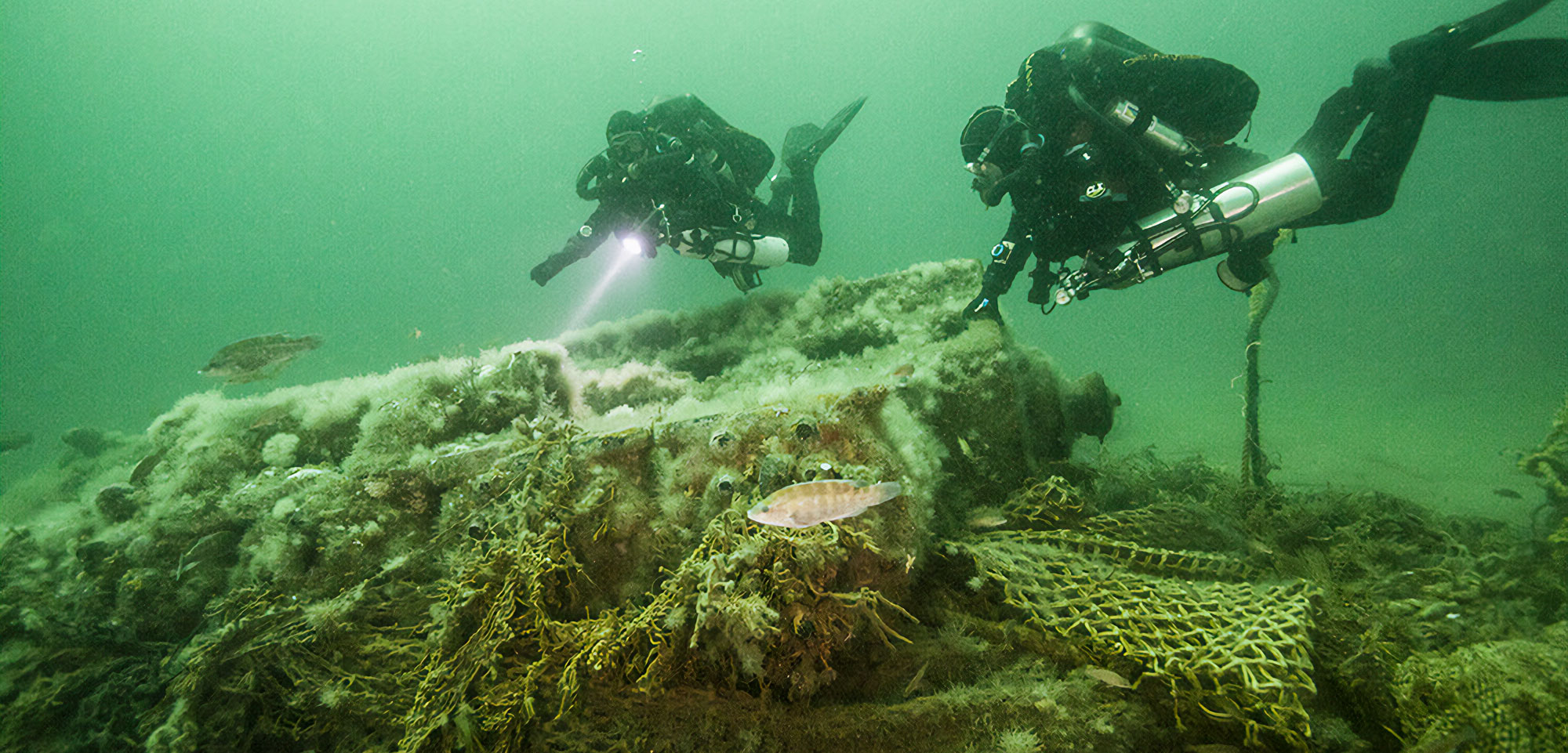 divers observe shipwreck at Stellwagen Bank, Massachusetts