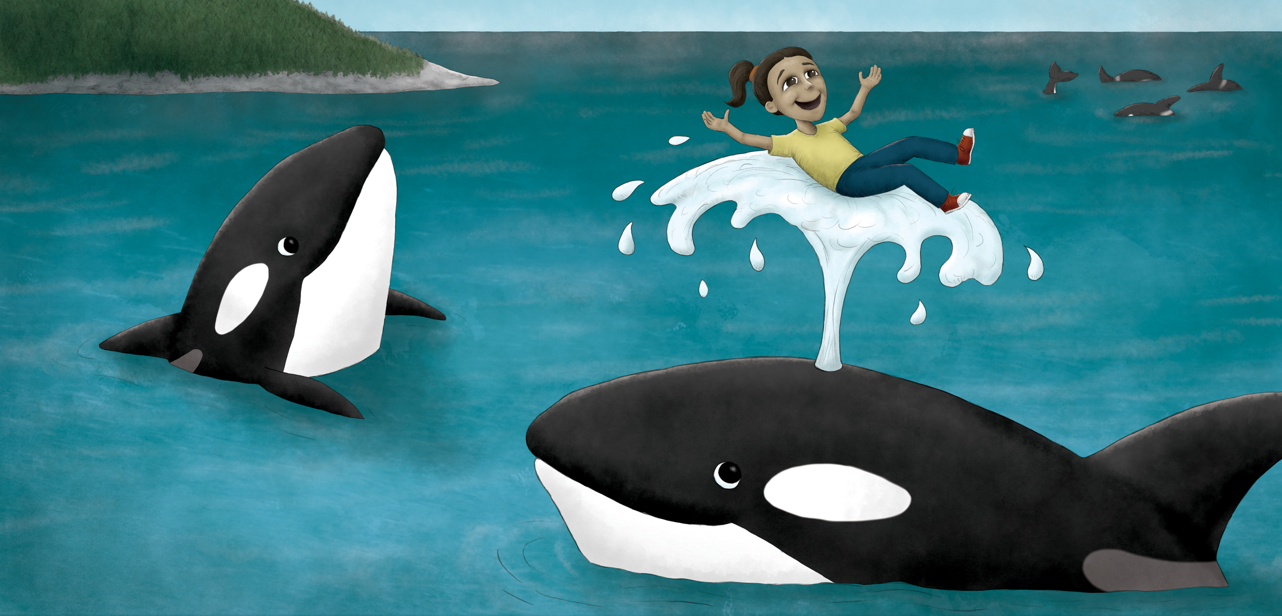 illustration showing a child riding a killer whale's spout