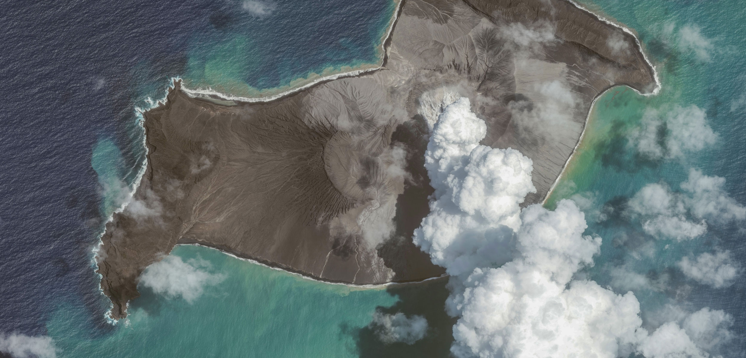 satellite image of volcanic eruption in Tonga