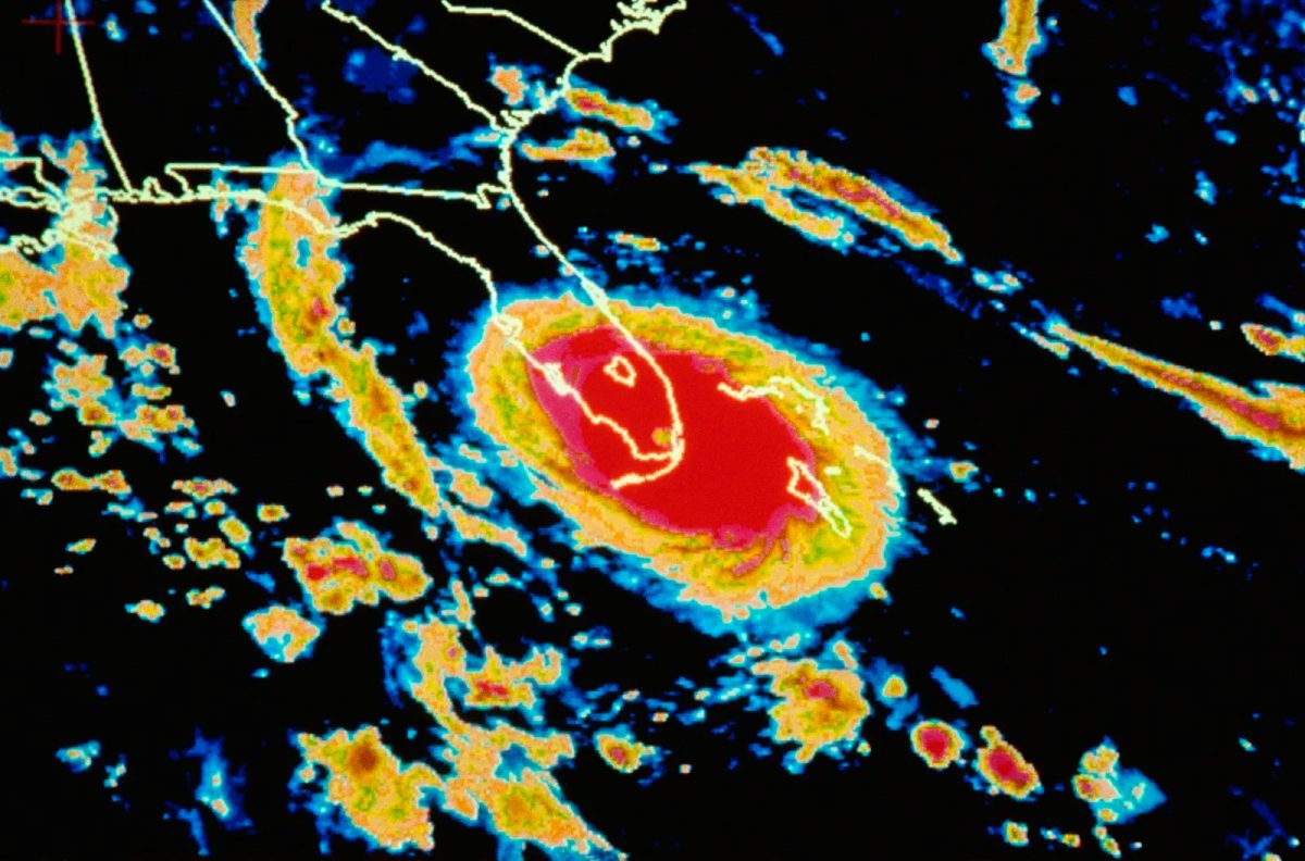 Satellite image of Hurricane Andrew as it hit southern Florida in August 1992