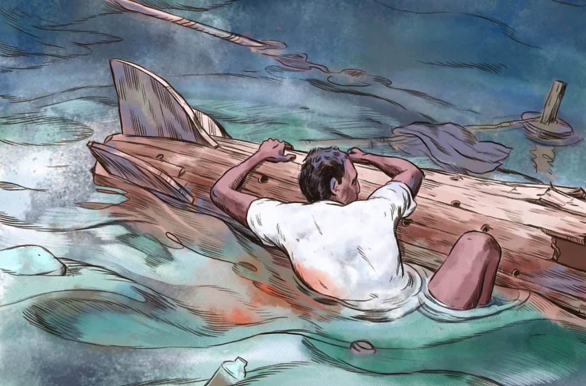 illustration of man clinging to sinking boat