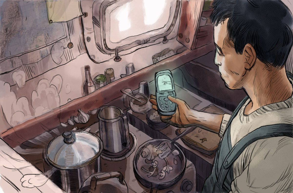 illustration of a cook looking at his phone