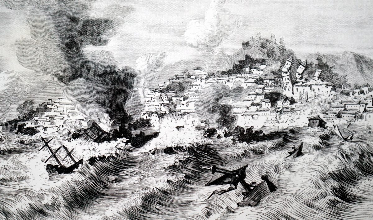 engraving of Lisbon earthquake and tsunami of 1755