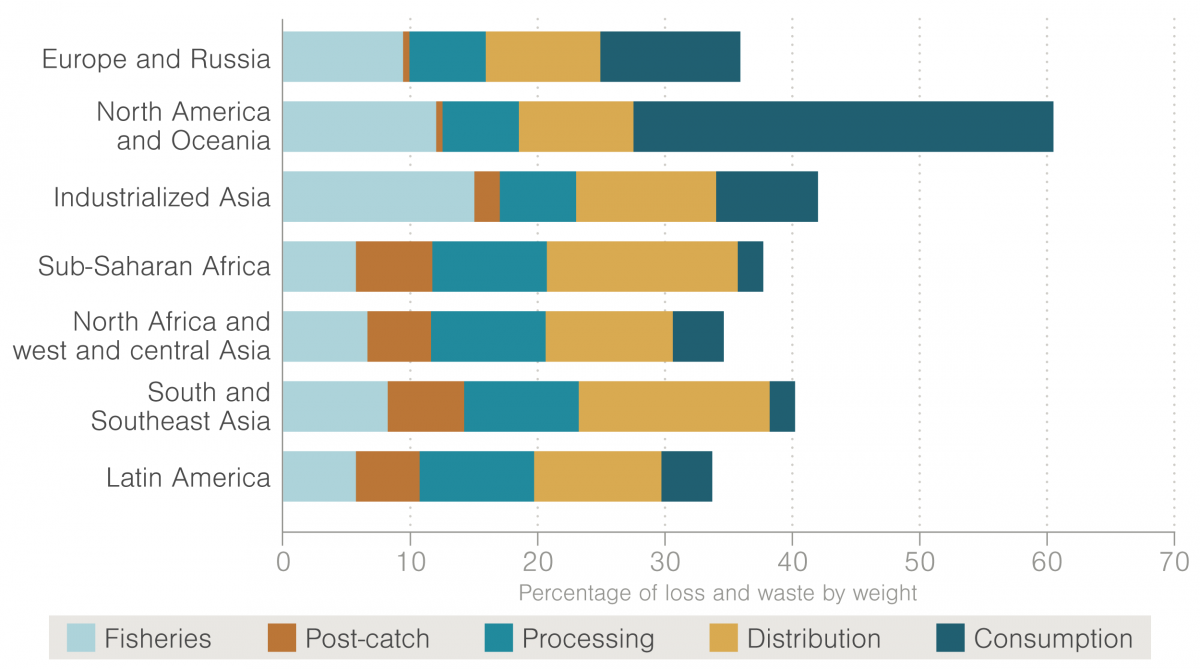 chart showing where seafood is wasted by region