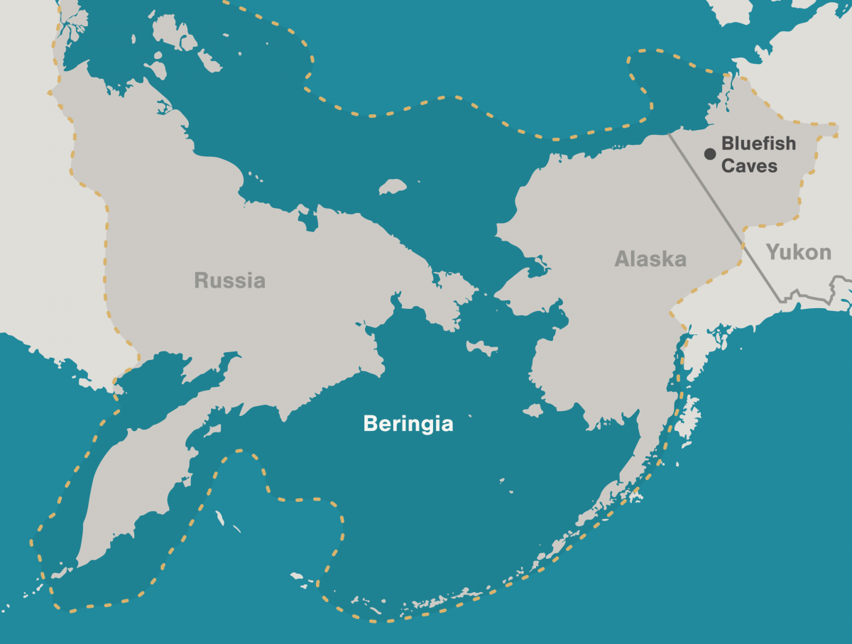 Map showing the location of the Bluefish Caves and the extent of Beringia
