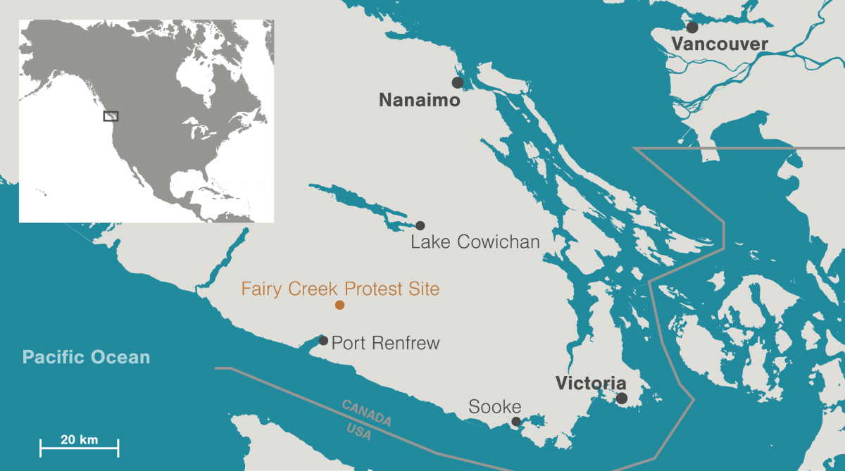 map of Fairy Creek protest site